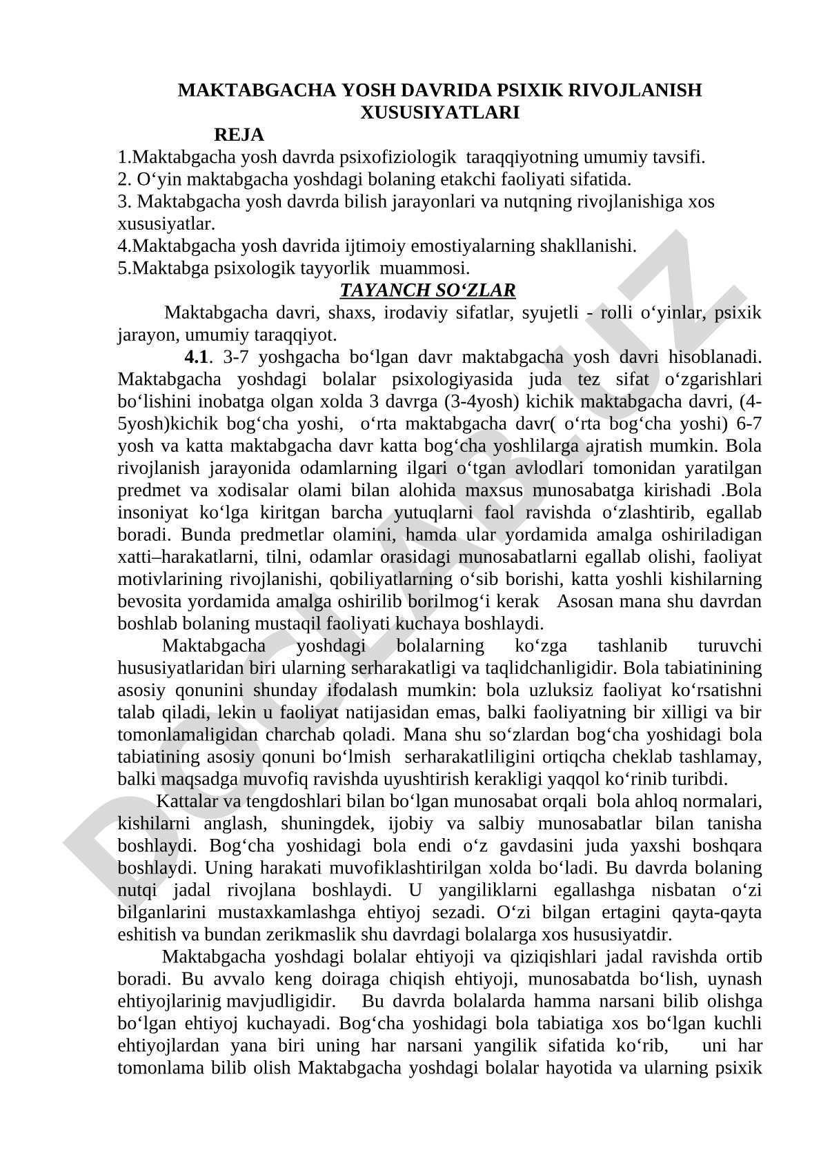 Maktabgacha yosh davrida psixik rivojlanish xususiyatlari
