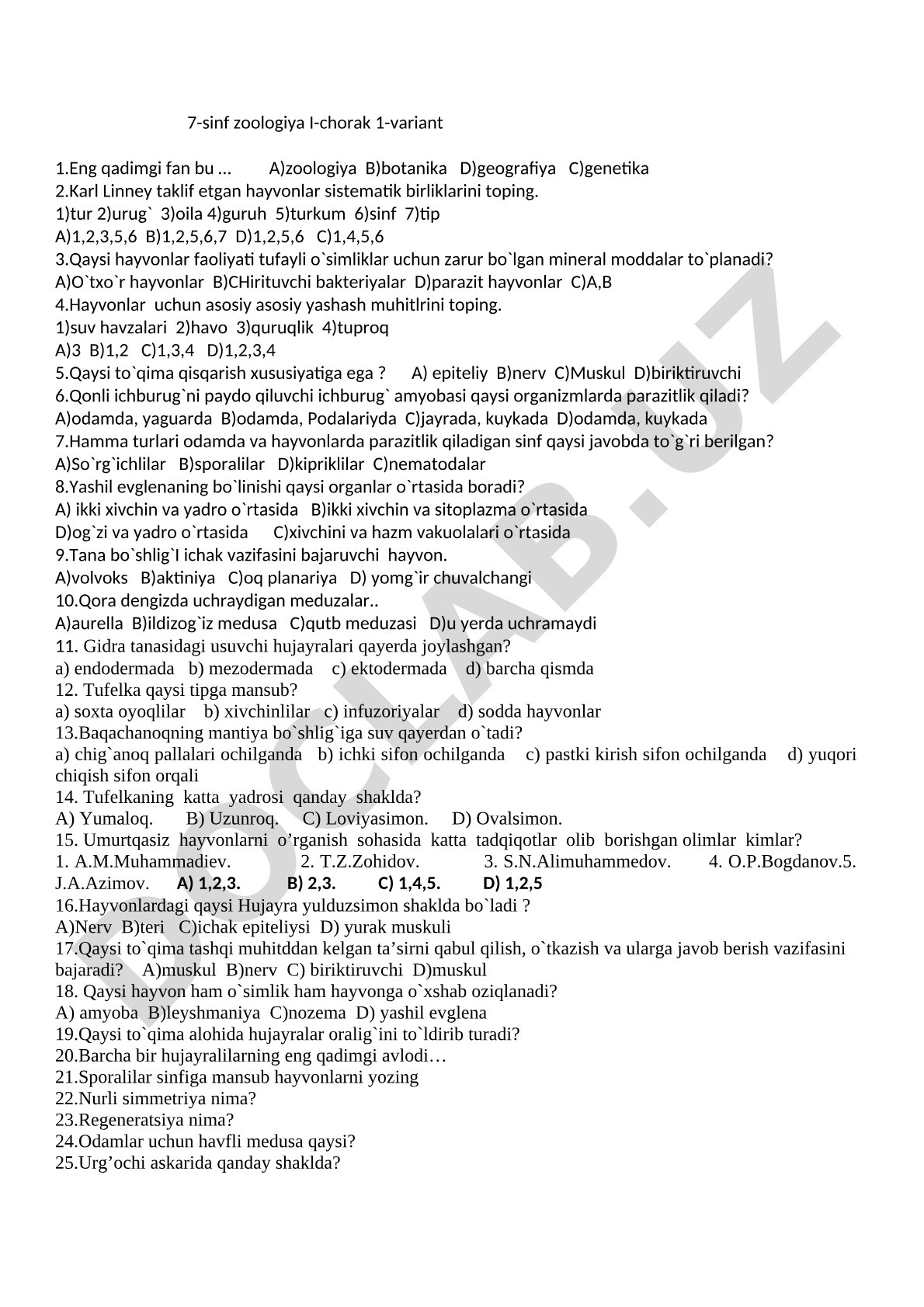 7-sinf zoologiya I-chorak 1-variant