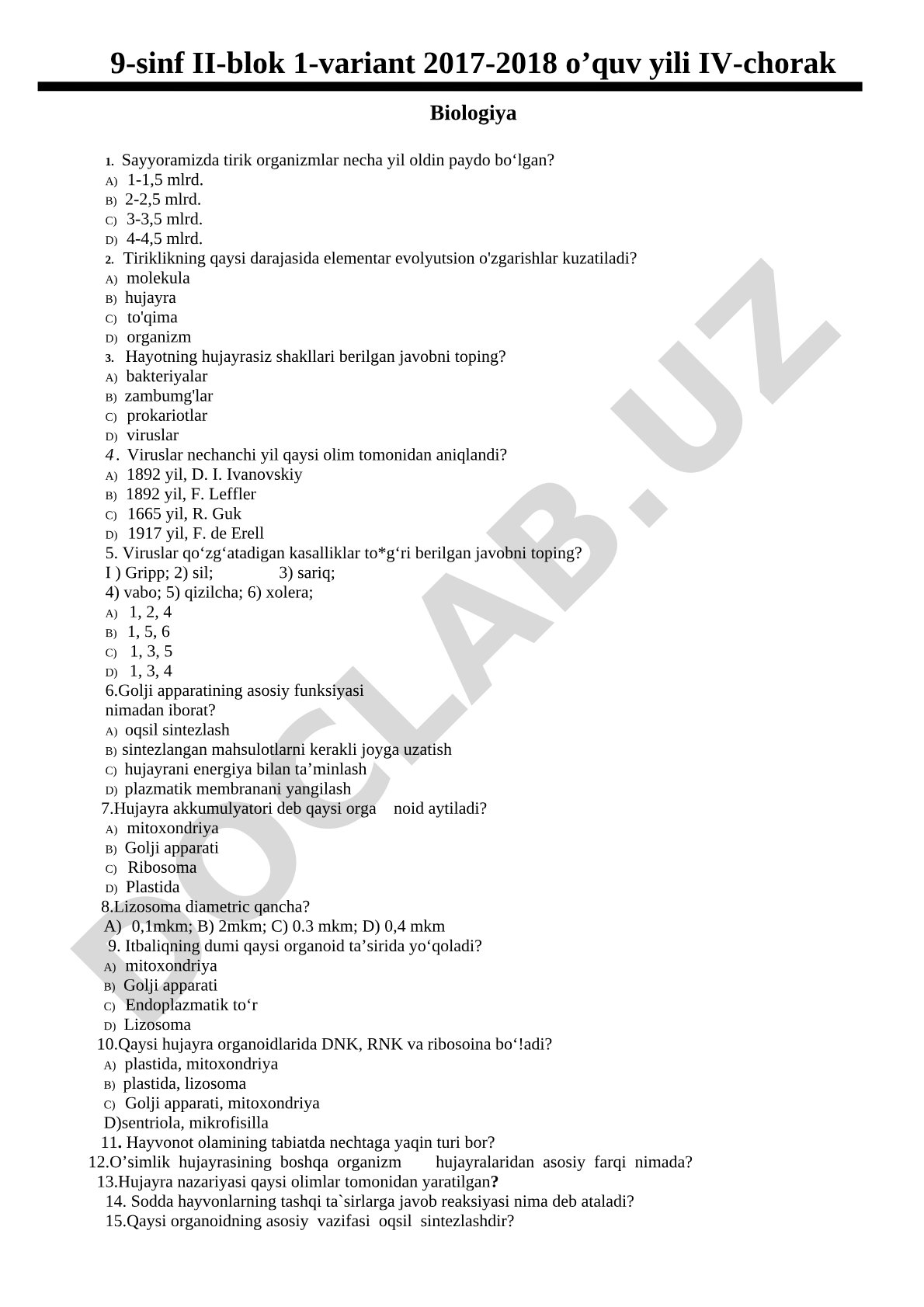 9-sinf biologiya II-blok 1-variant test savollari