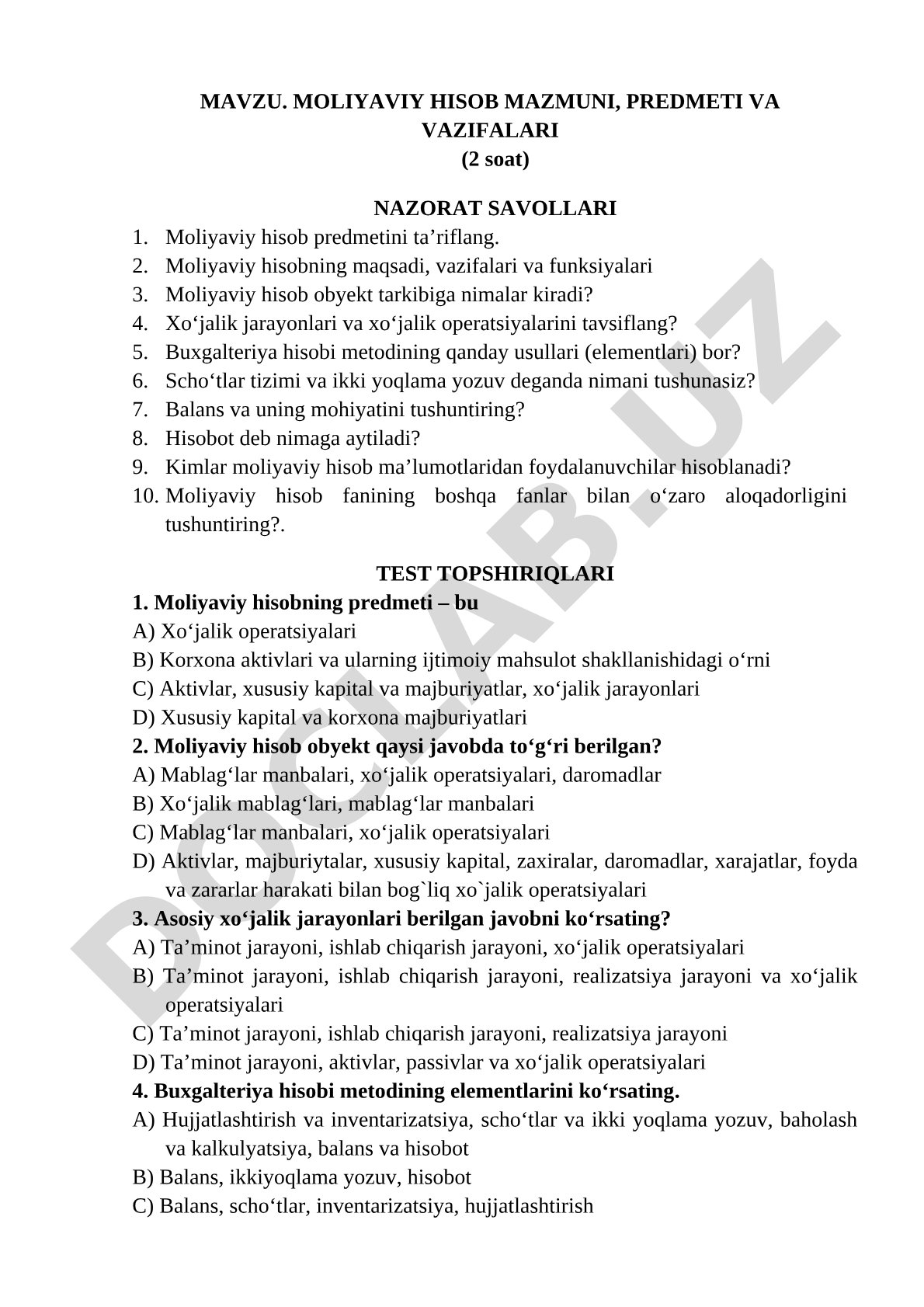 Moliyaviy hisob mazmuni, predmeti va vazifalari