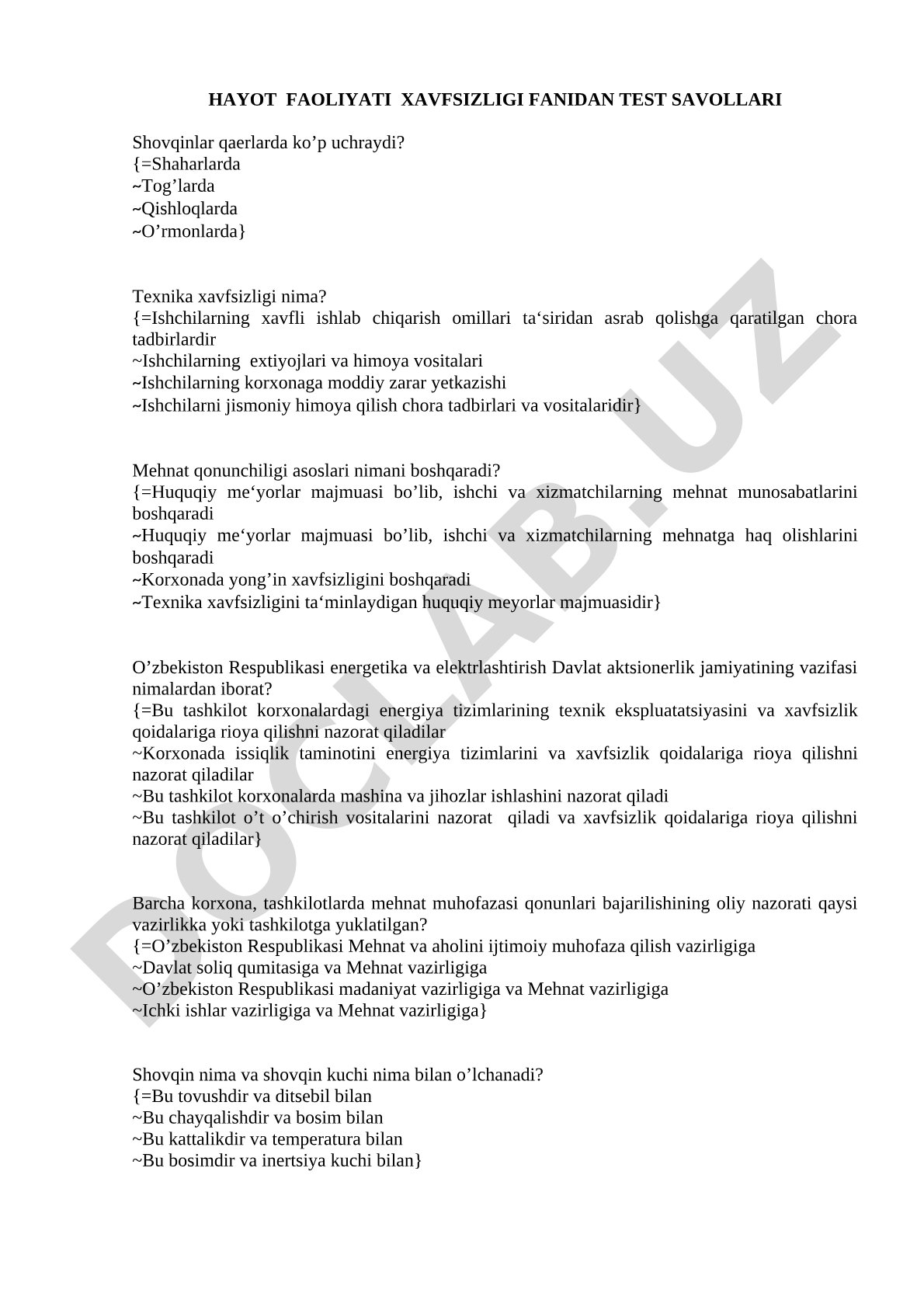 Hayot faoliyati xavfsizligi fanidan test savollari