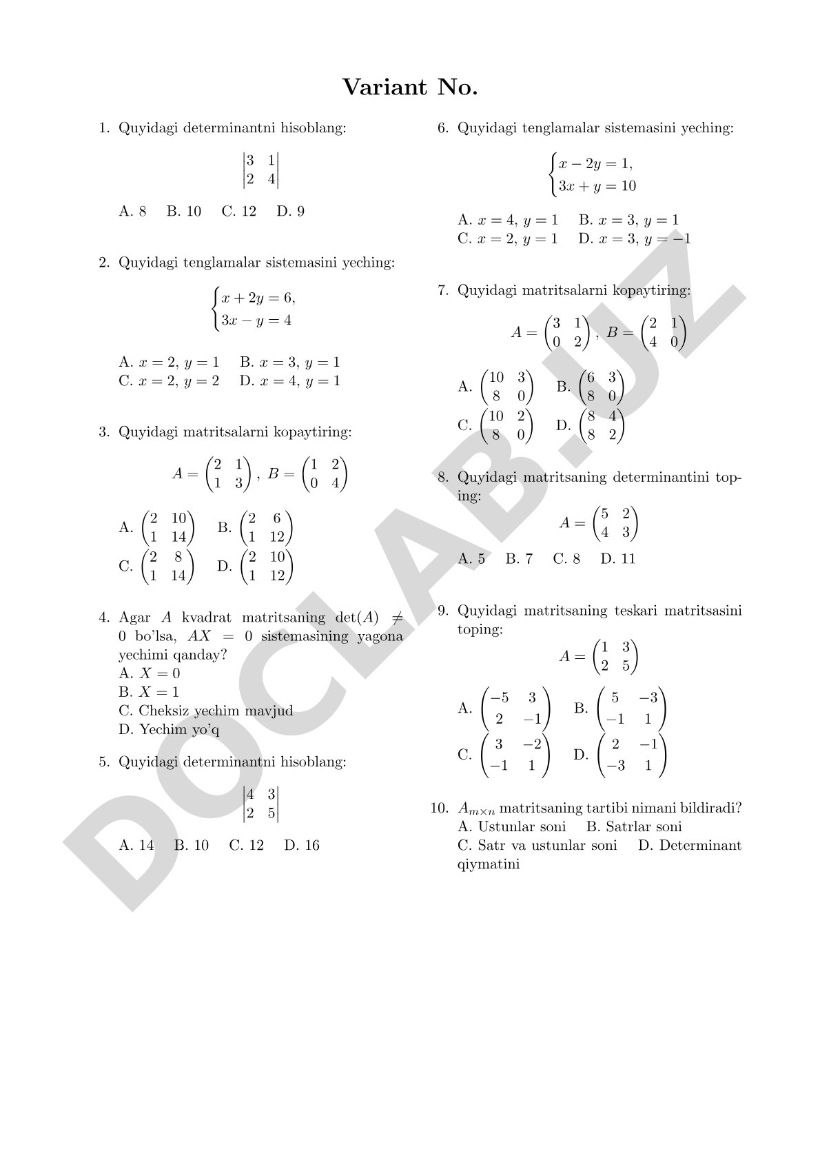 Chiziqli algebra determinant va matritsalar testi