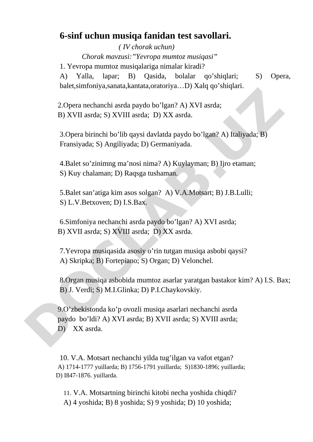 6-sinf uchun musiqa fanidan test savollari (IV chorak uchun)