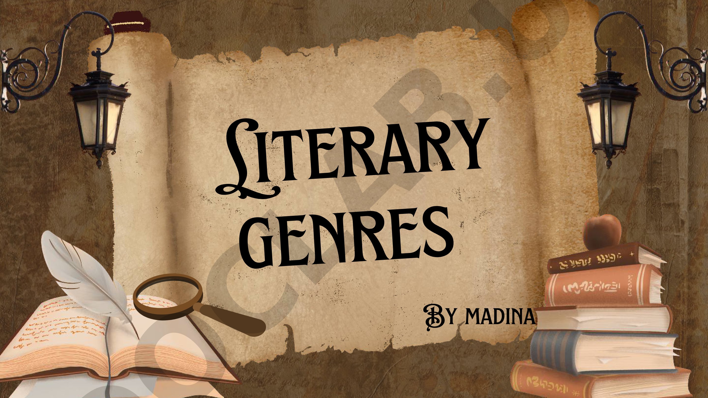Defines literary genres: fiction, fantasy, non-fiction, mystery, poetry, historical