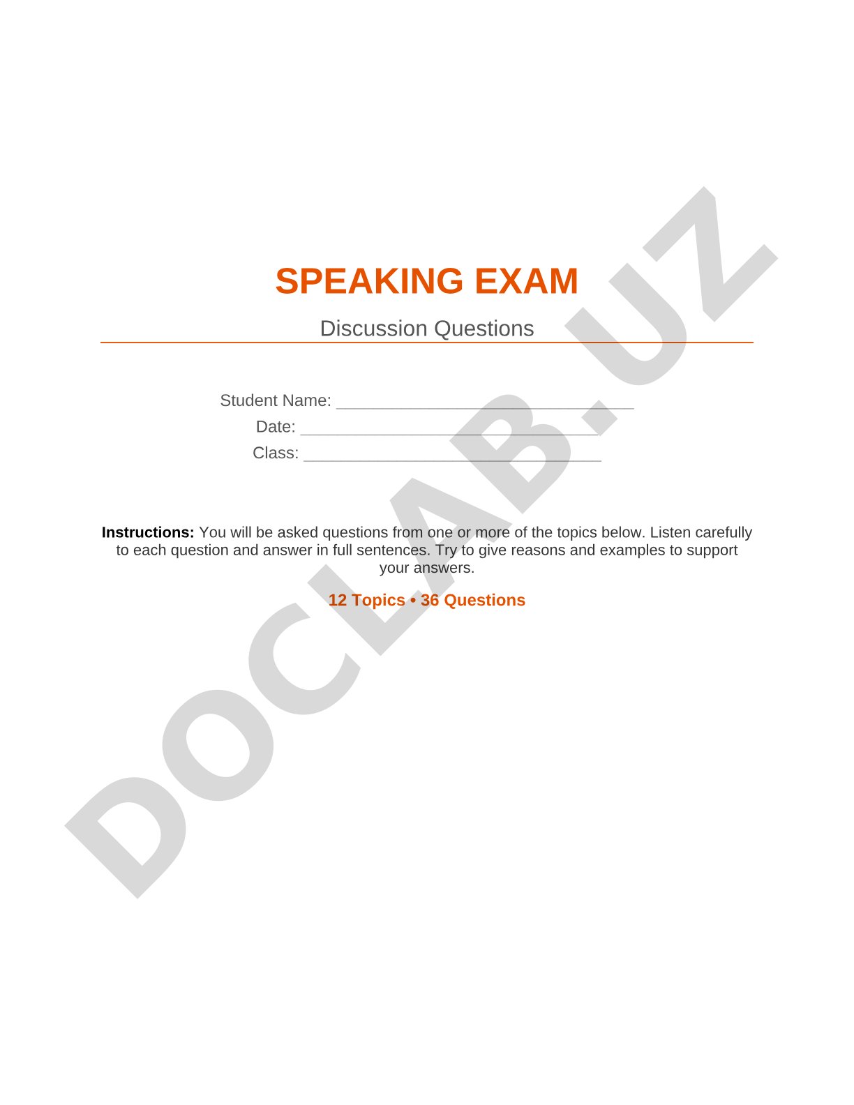 Speaking Exam Discussion Questions