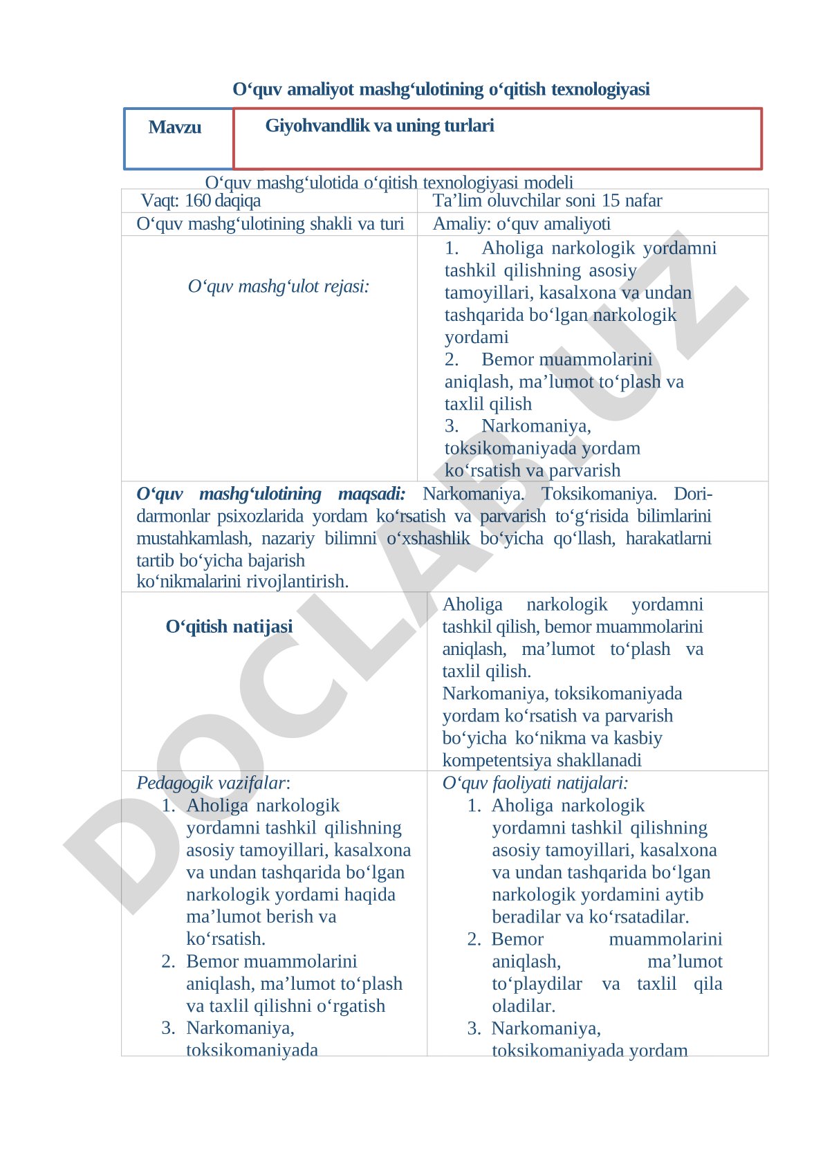 O‘quv amaliyot mashg‘ulotining o‘qitish texnologiyasi