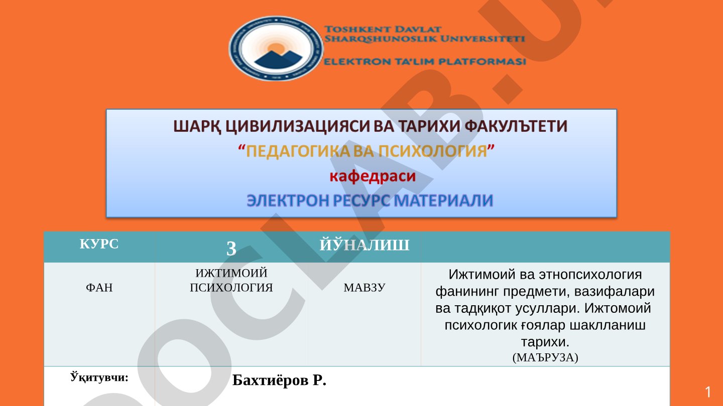 Ижтимоий ва этнопсихология фанининг предмети, вазифалари ва тадқиқот усуллари