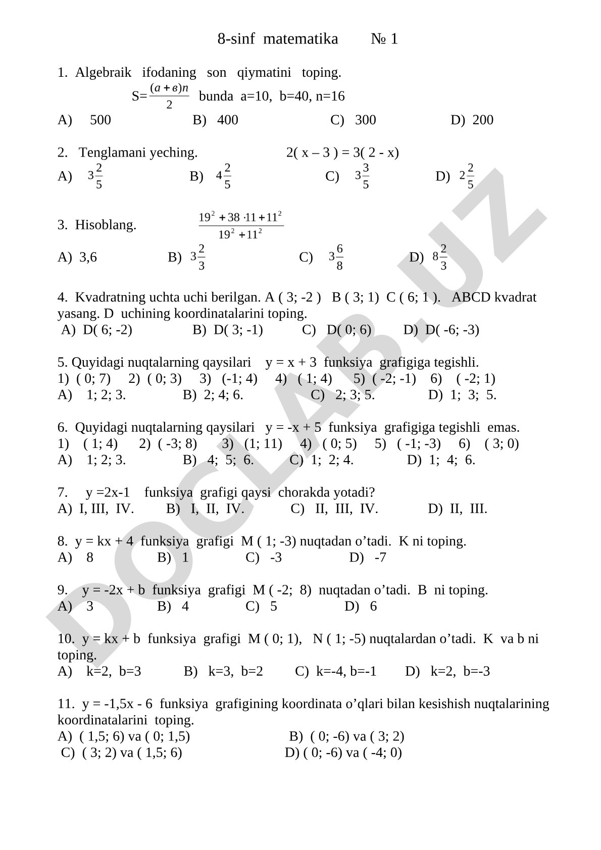 8-sinf matematika test savollari