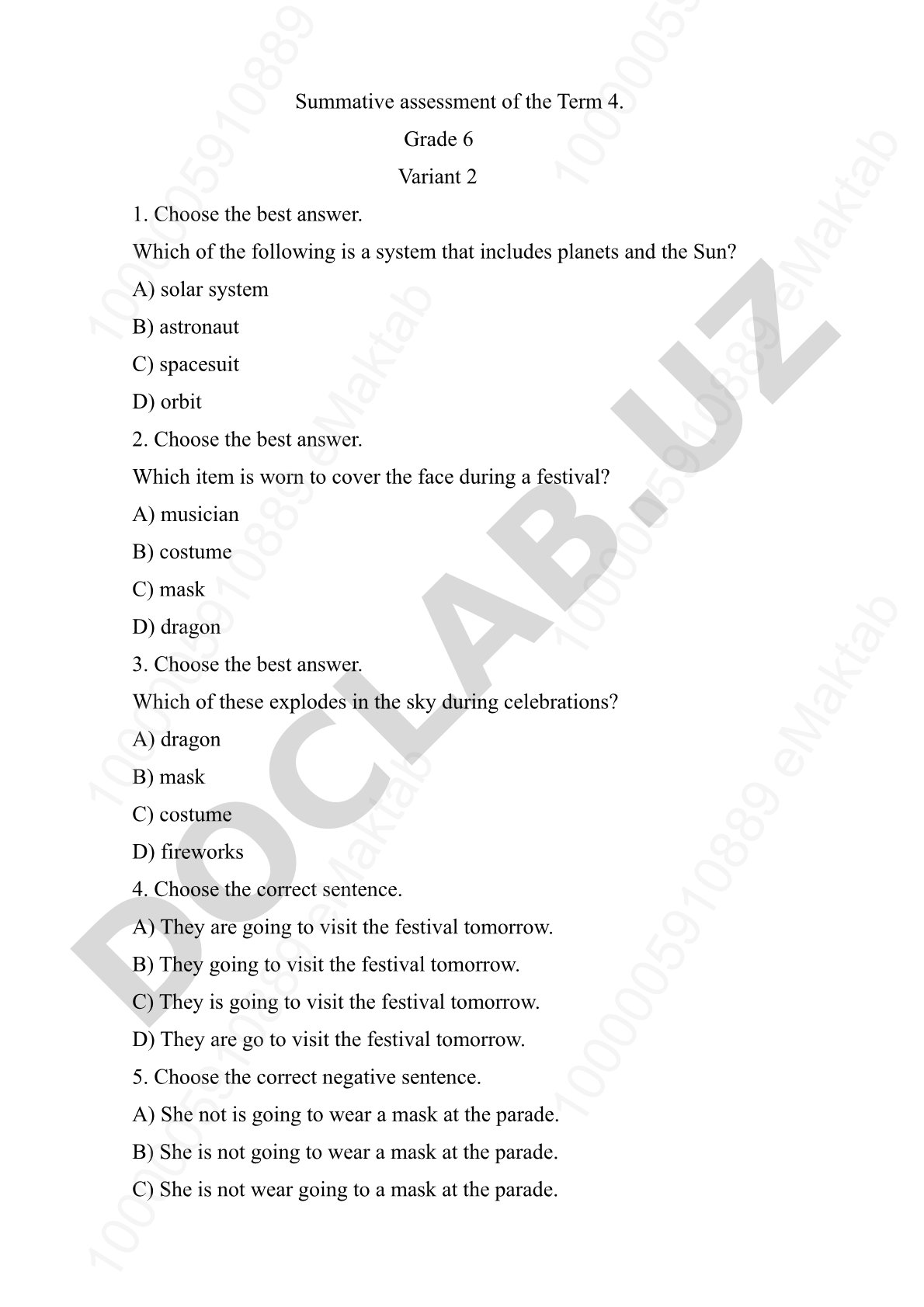Summative assessment of the Term 4. Grade 6 Variant 2
