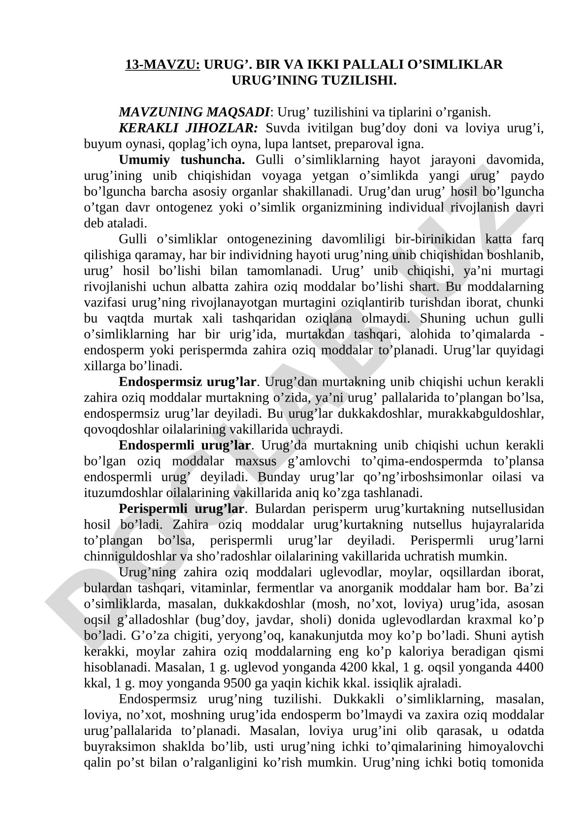 URUG’. BIR VA IKKI PALLALI O’SIMLIKLAR URUG’INING TUZILISHI.