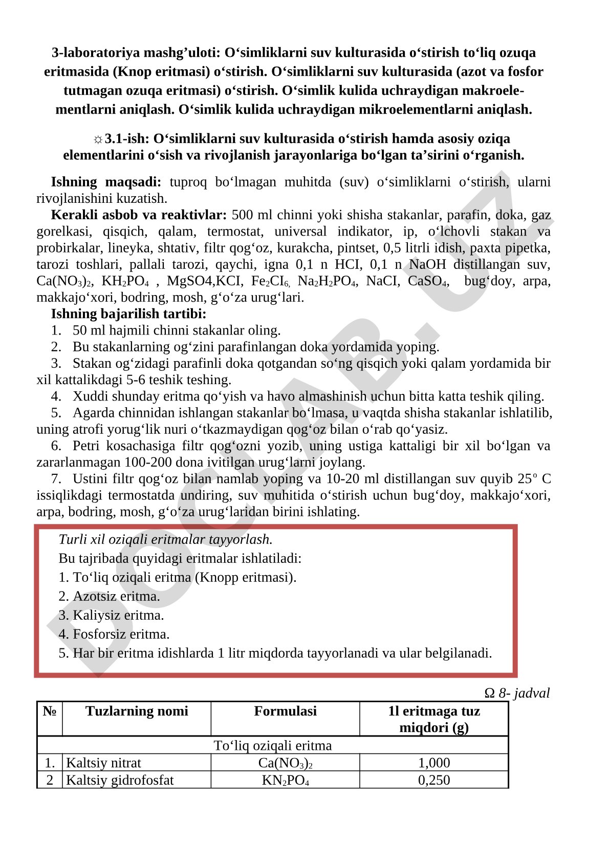 O‘simliklarni suv kulturasida o‘stirish to‘liq ozuqa eritmasida (Knop eritmasi) o‘stirish