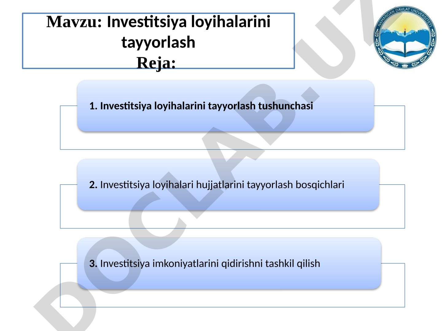 Investitsiya loyihalarini tayyorlash tushunchasi, bosqichlari, loyiha hayot sikli va