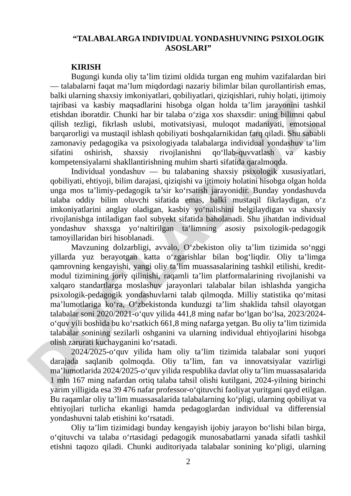 Talabalarga individual yondashuvning psixologik asoslari