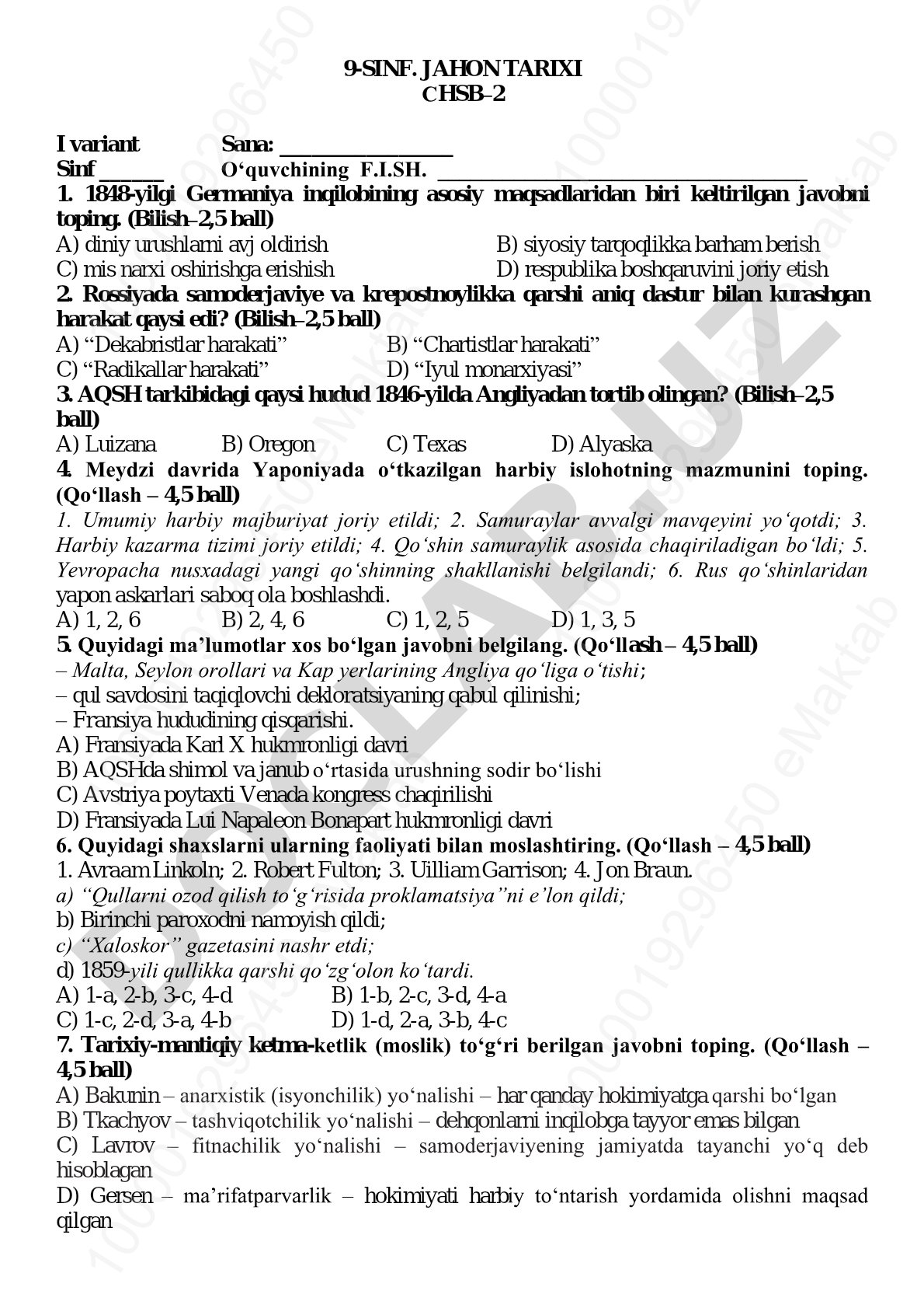9-sinf Jahon tarixi fanidan CHSB-2 I variant test savollari