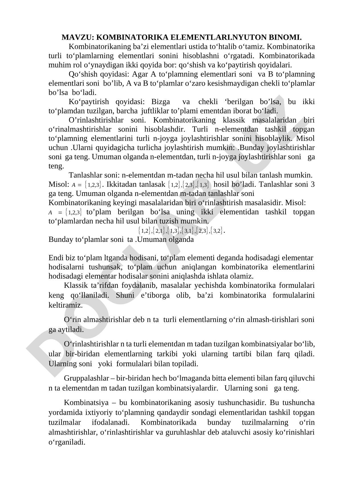Kombinatorika elementlari. Nyuton binomi