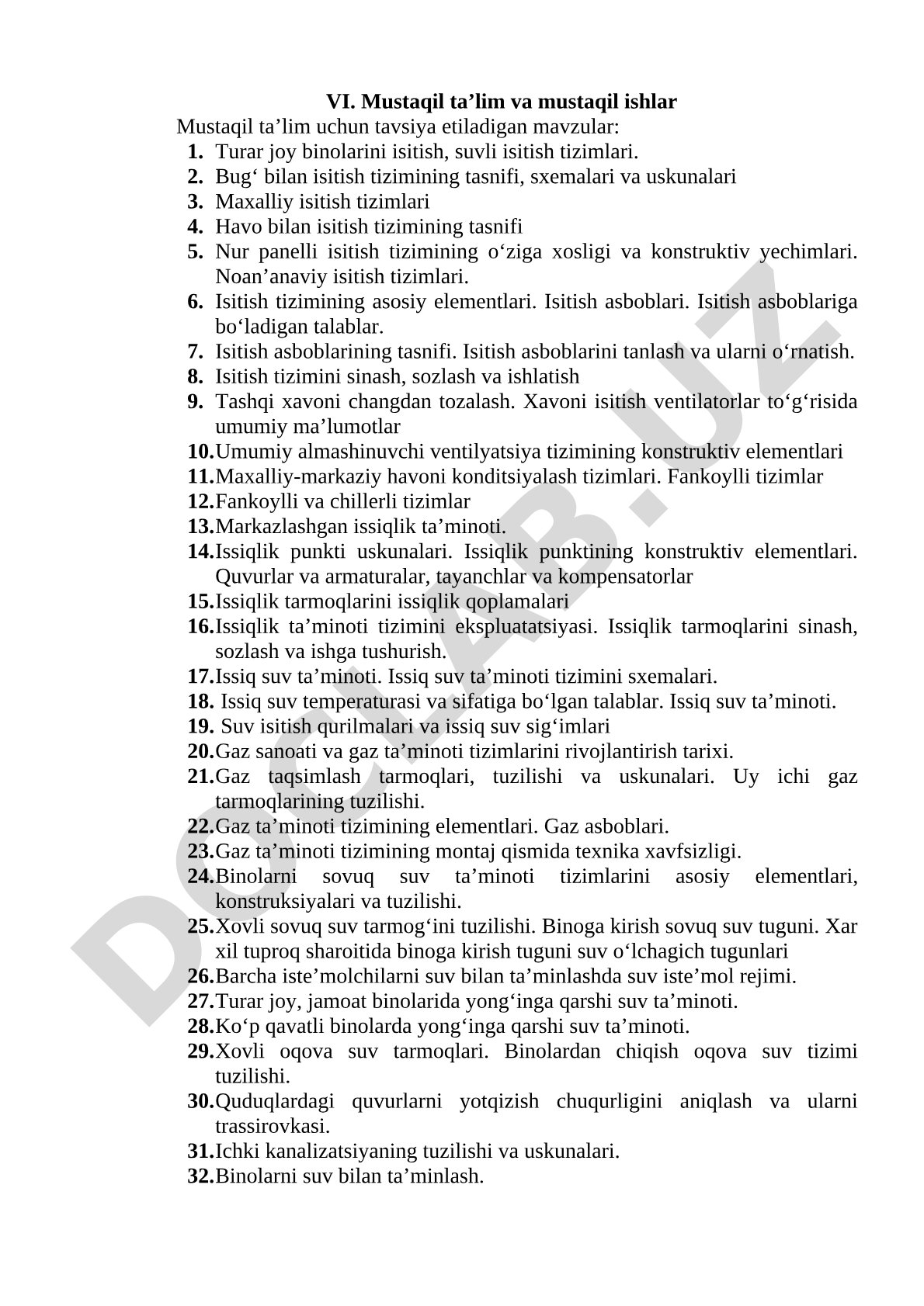 Isitish, ventilyatsiya va konditsiyalash tizimlari bo‘yicha mustaqil ta’lim mavzulari