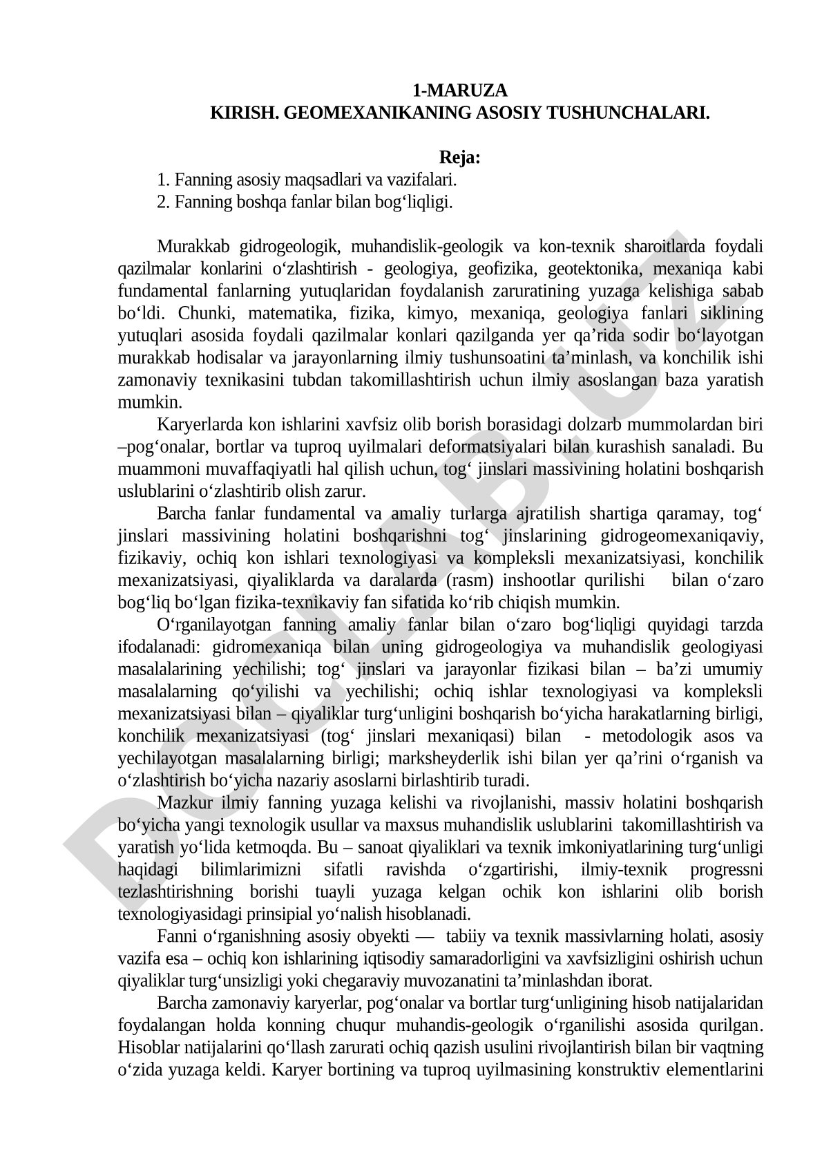 Geomexanika fanining maqsadlari, vazifalari va boshqa fanlar bilan bog'liqligi yoritilgan