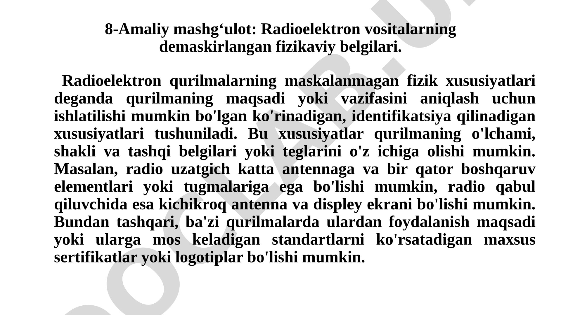 Radioelektron vositalarning demaskirlangan fizikaviy belgilari