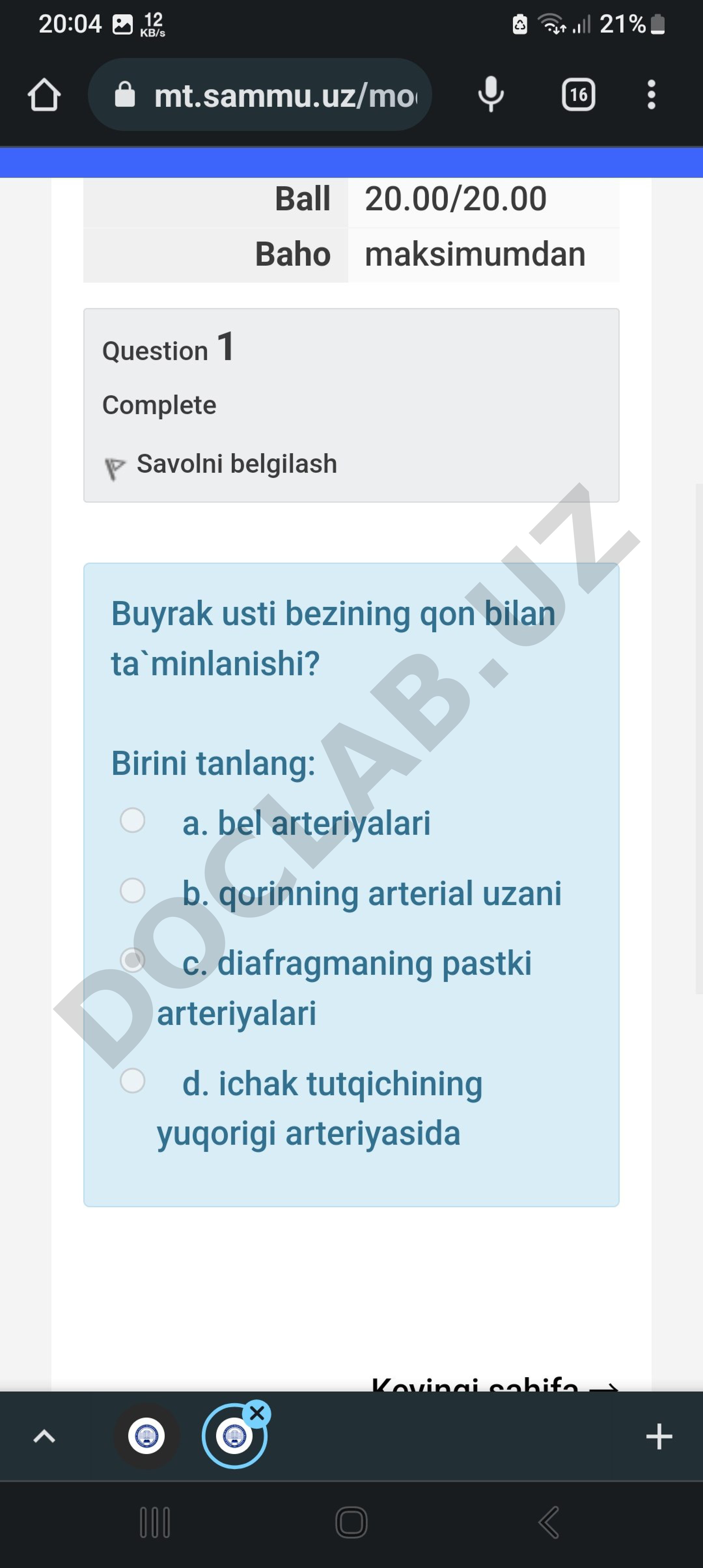 Buyrak usti bezining qon bilan ta`minlanishi?