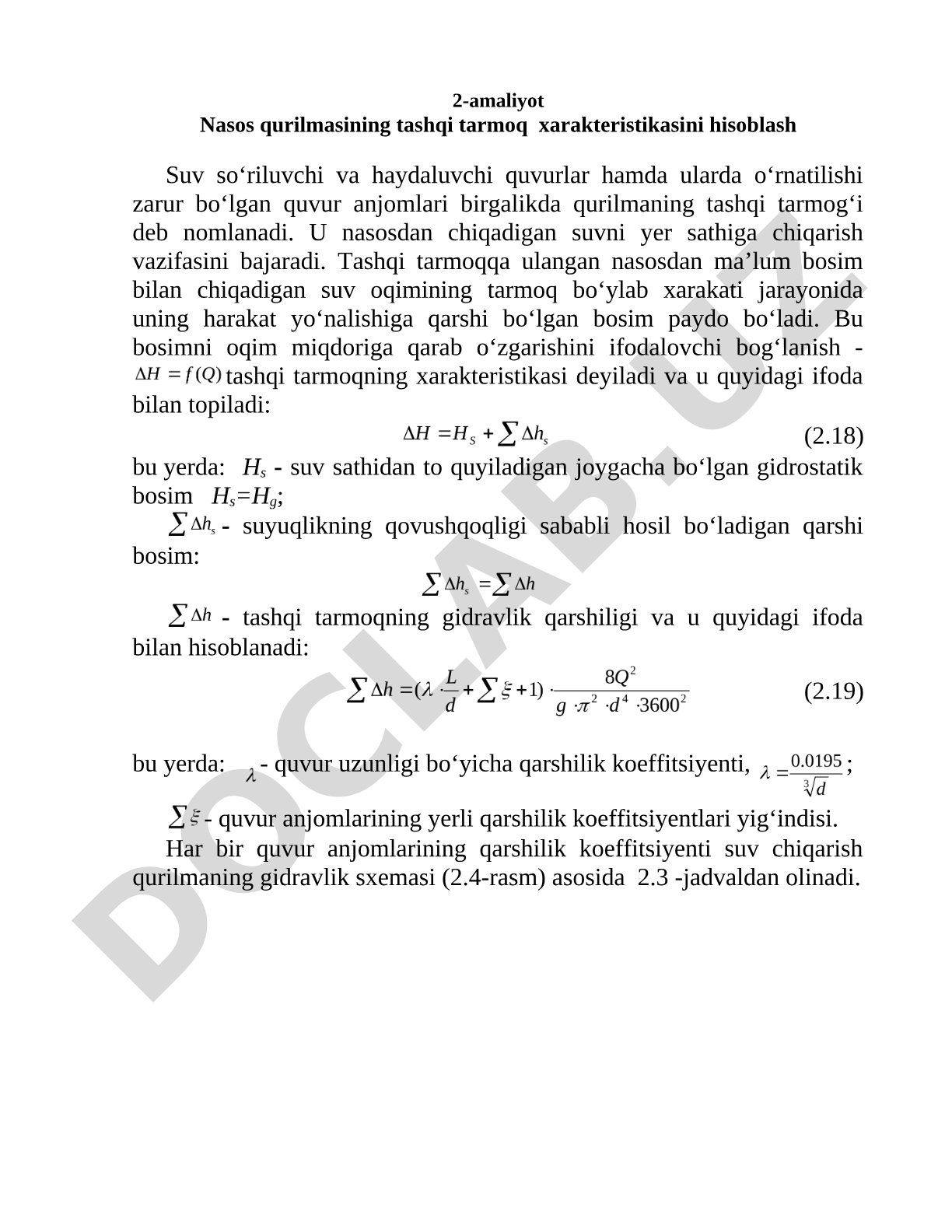 Nasos qurilmasining tashqi tarmoq xarakteristikasini hisoblash