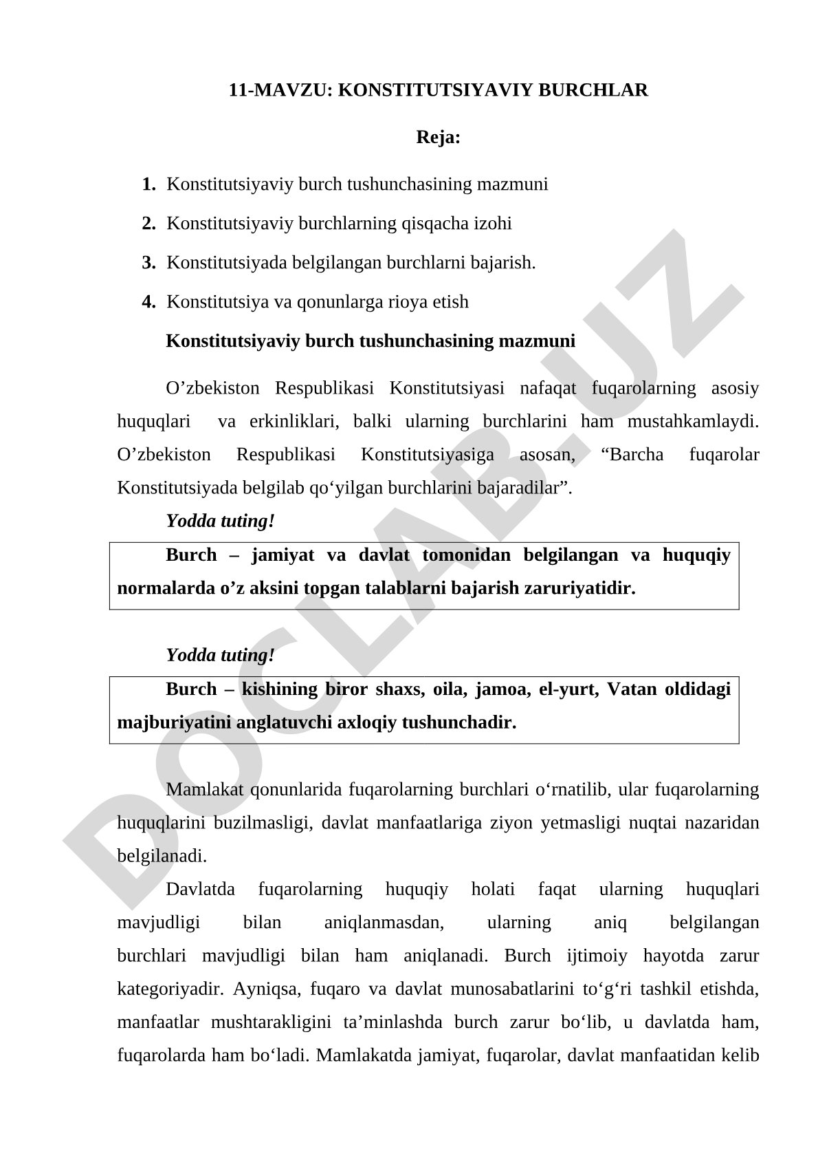 O'zbekiston Respublikasi Konstitutsiyasida belgilangan fuqarolarning asosiy burchlari