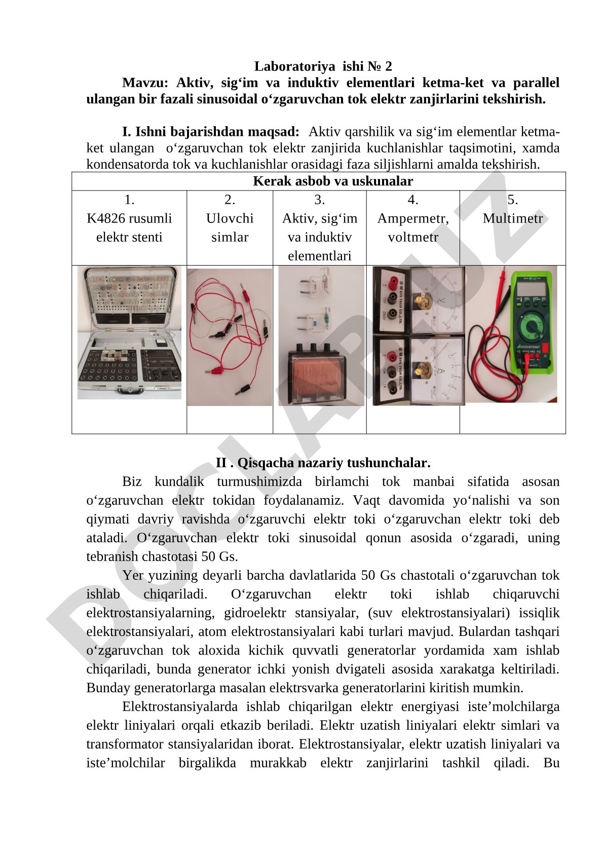 Aktiv, sig‘im va induktiv elementlari ketma-ket va parallel ulangan bir fazali sinusoidal o‘zgaruvchan tok elektr zanjirlarini tekshirish