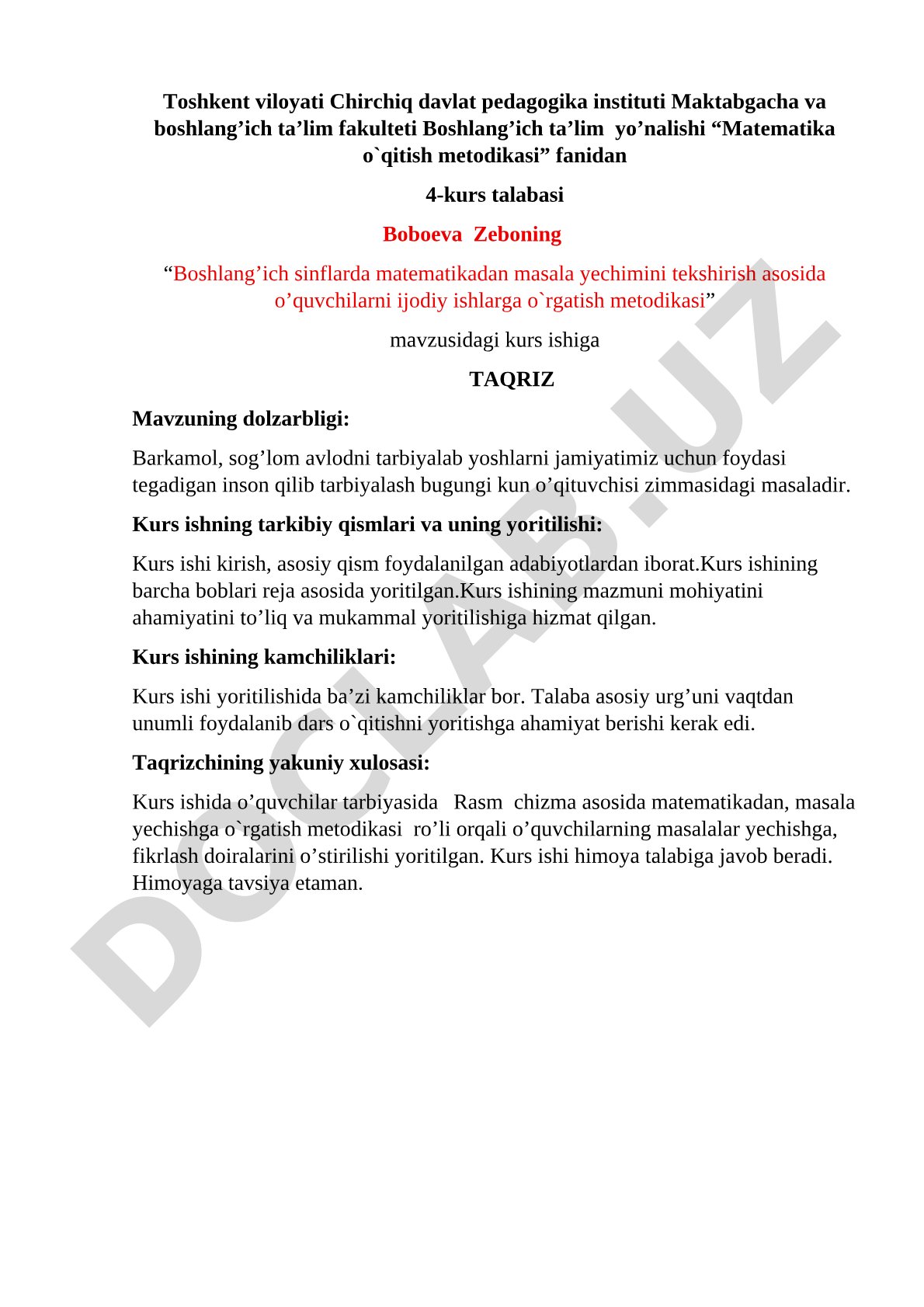 Boshlang’ich sinflarda matematikadan masala yechimini tekshirish asosida o’quvchilarni ijodiy ishlarga o`rgatish metodikasi