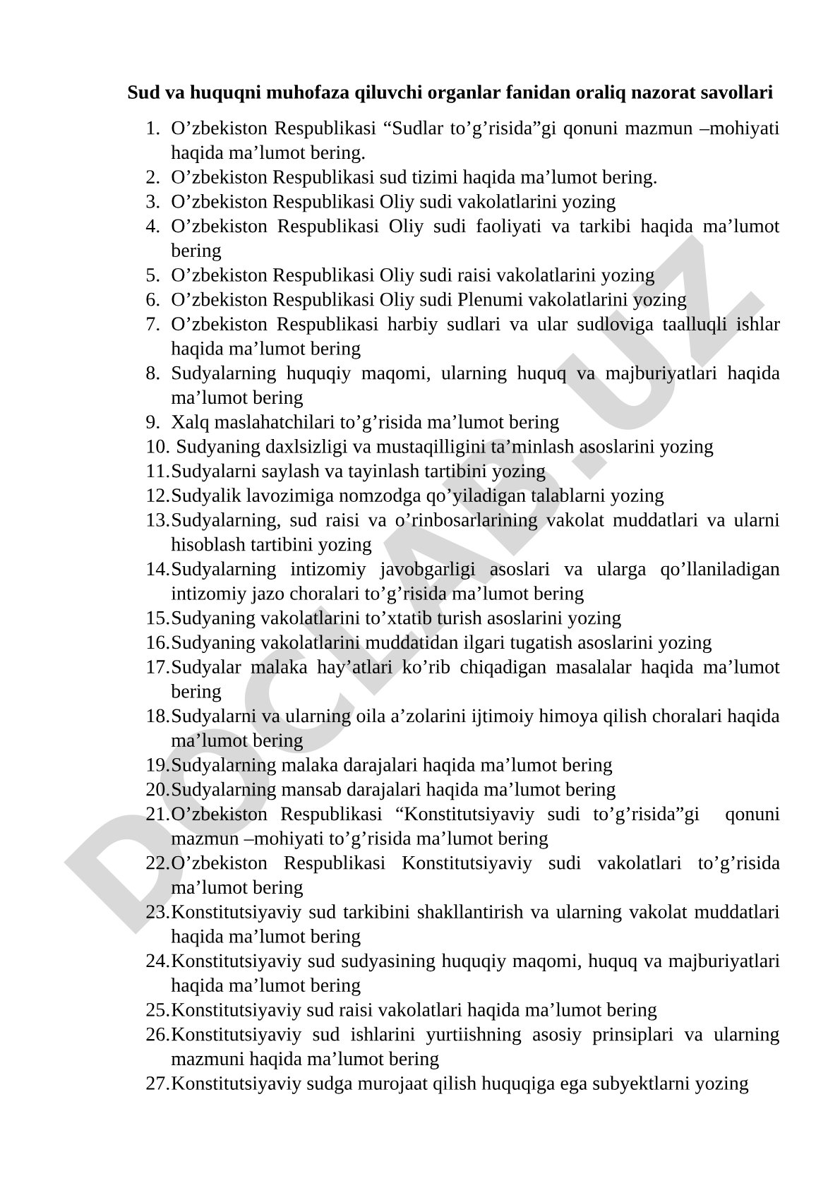 Sud va huquqni muhofaza qiluvchi organlar fanidan oraliq nazorat savollari