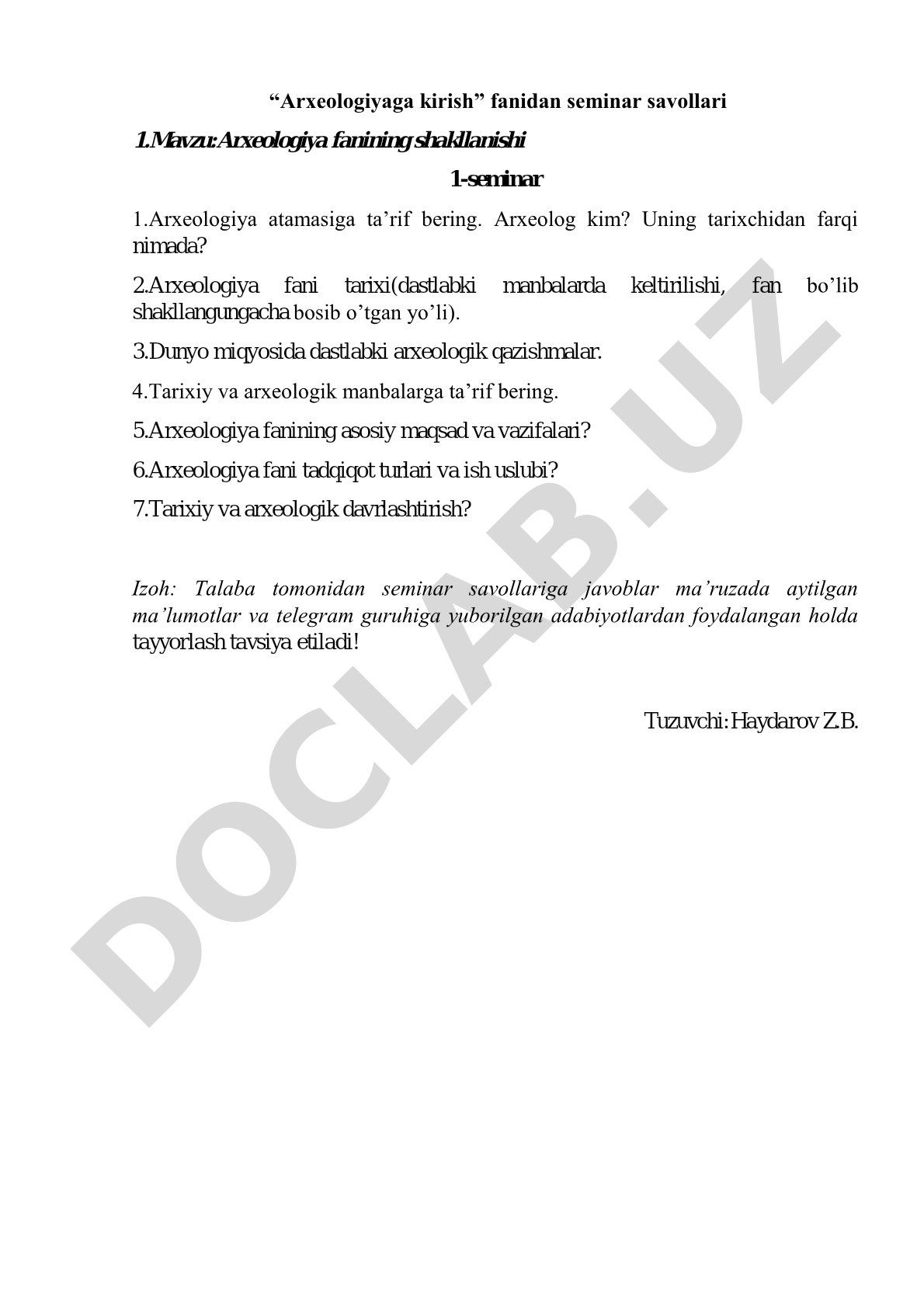 Arxeologiyaga kirish fanidan seminar savollari