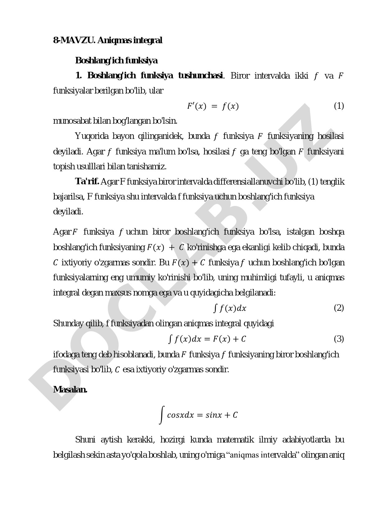Aniqmas integral va boshlang'ich funksiya tushunchasi