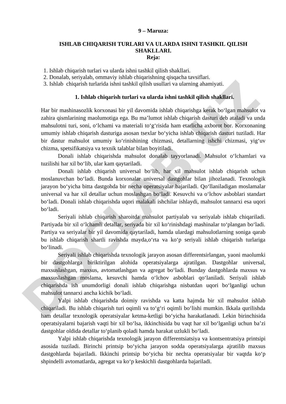 Ishlab chiqarish turlari va ularda ishni tashkil qilish shakllari