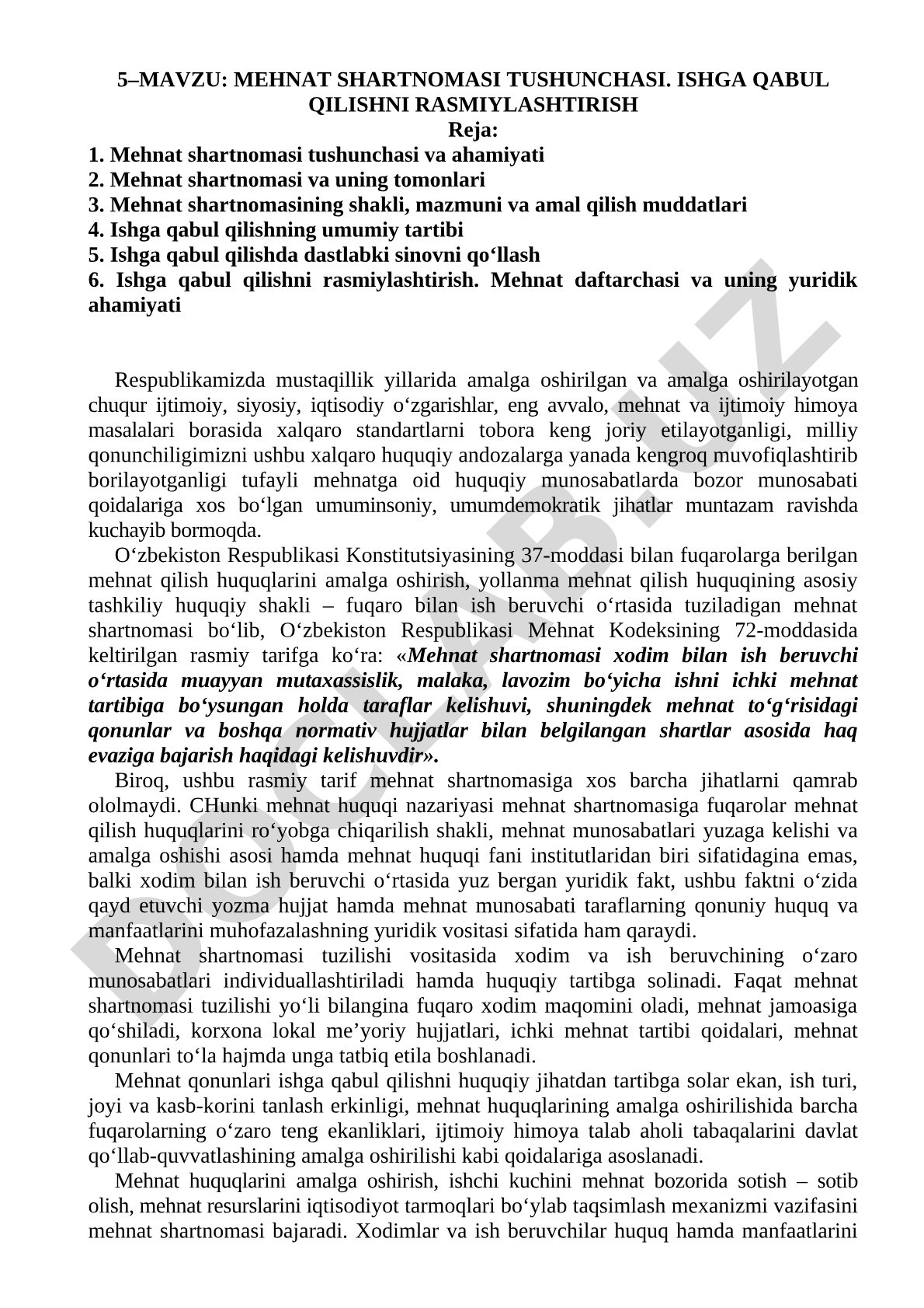 Mehnat shartnomasi tushunchasi. Ishga qabul qilishni rasmiylashtirish
