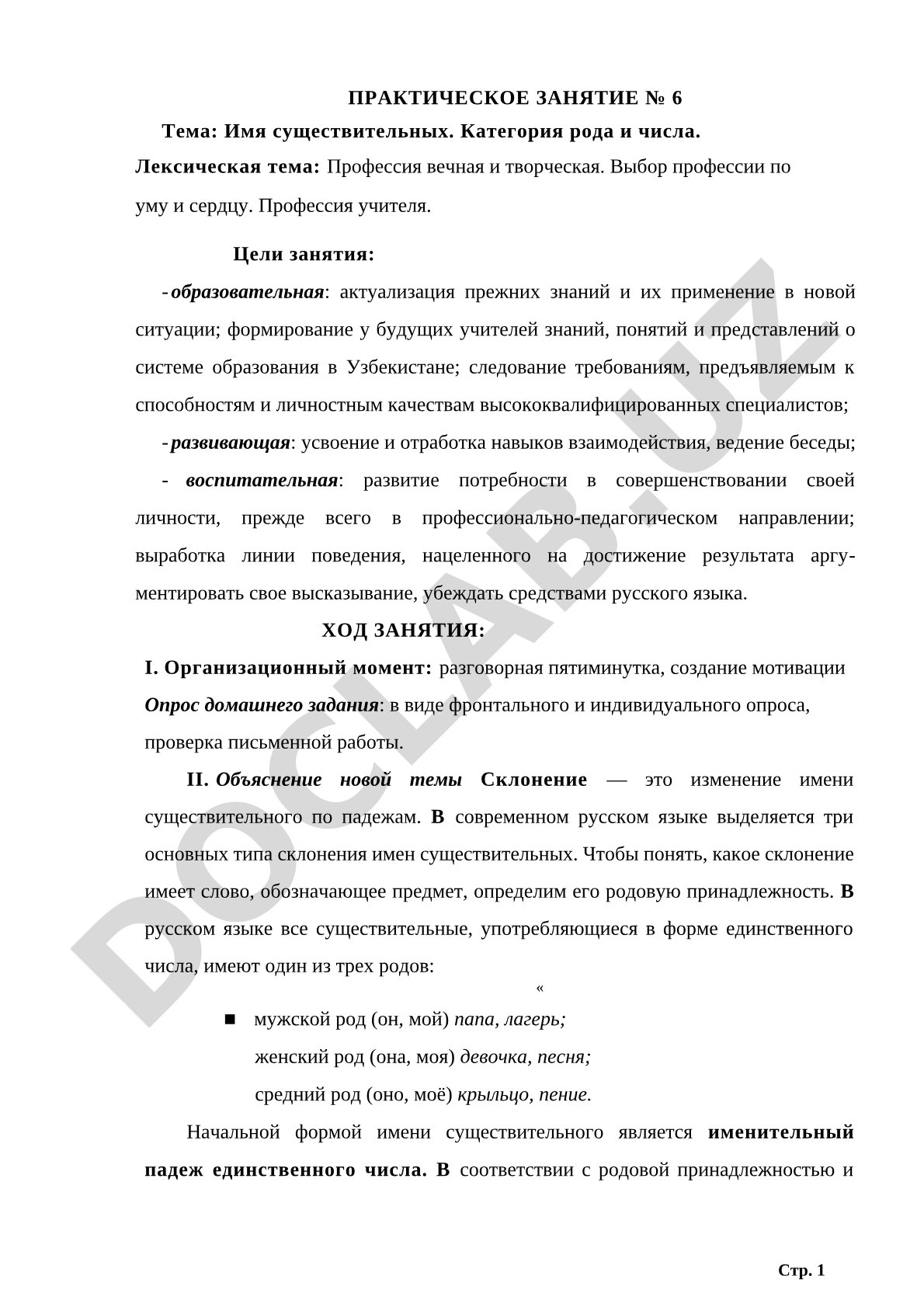 Имя существительных. Категория рода и числа. Профессия учителя