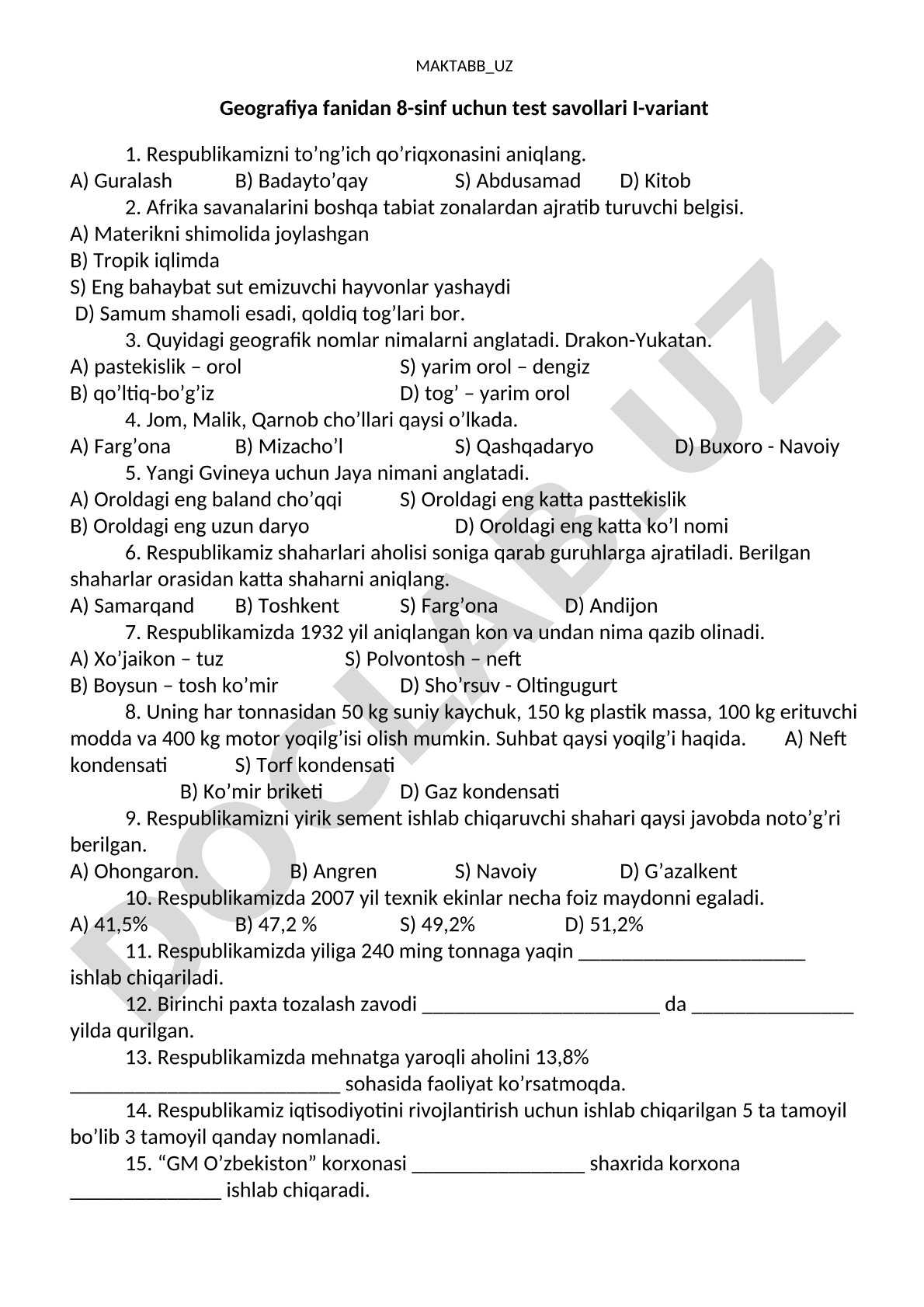 Geografiya 8-sinf test savollari I-variant