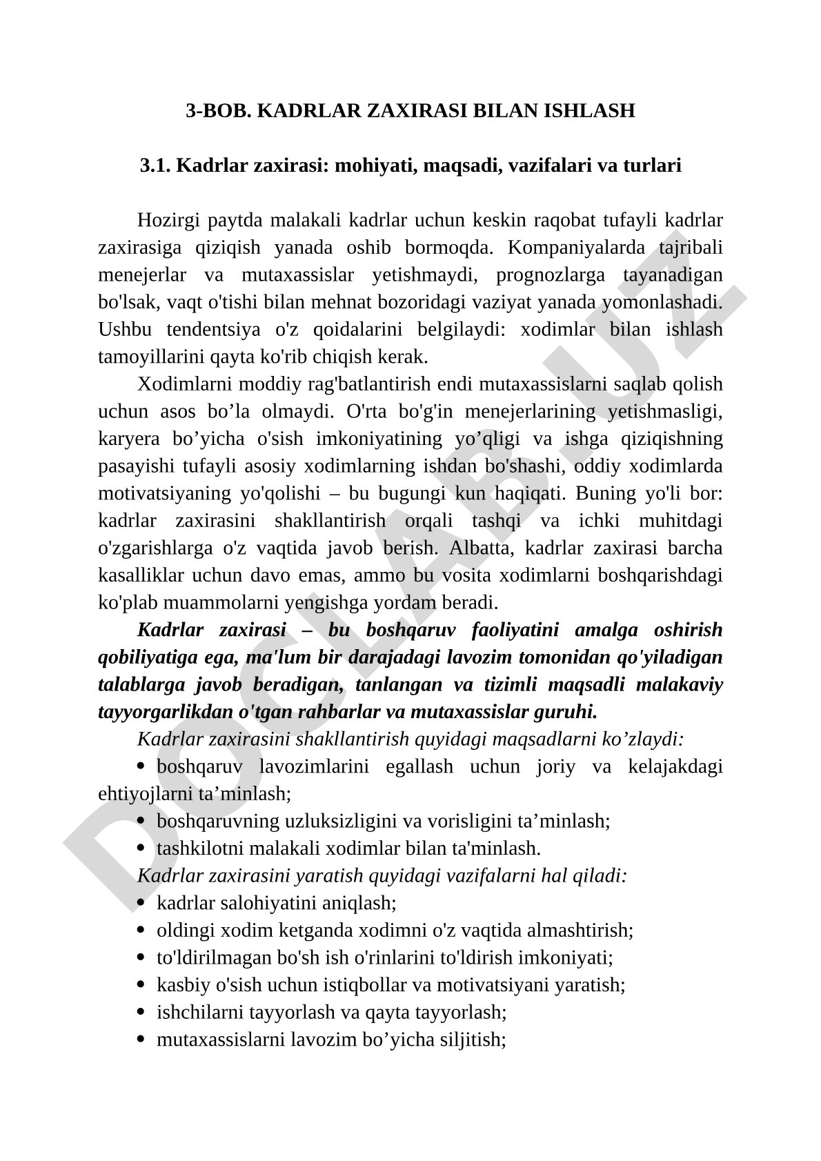 Kadrlar zaxirasi: mohiyati, maqsadi, vazifalari va turlari