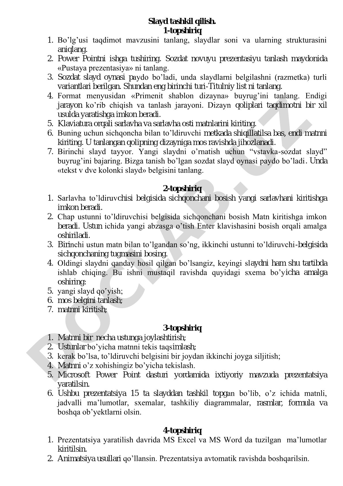 Slaydlar yaratish, dizayn shablonini qo'llash va matn kiritish bo'yicha amaliy