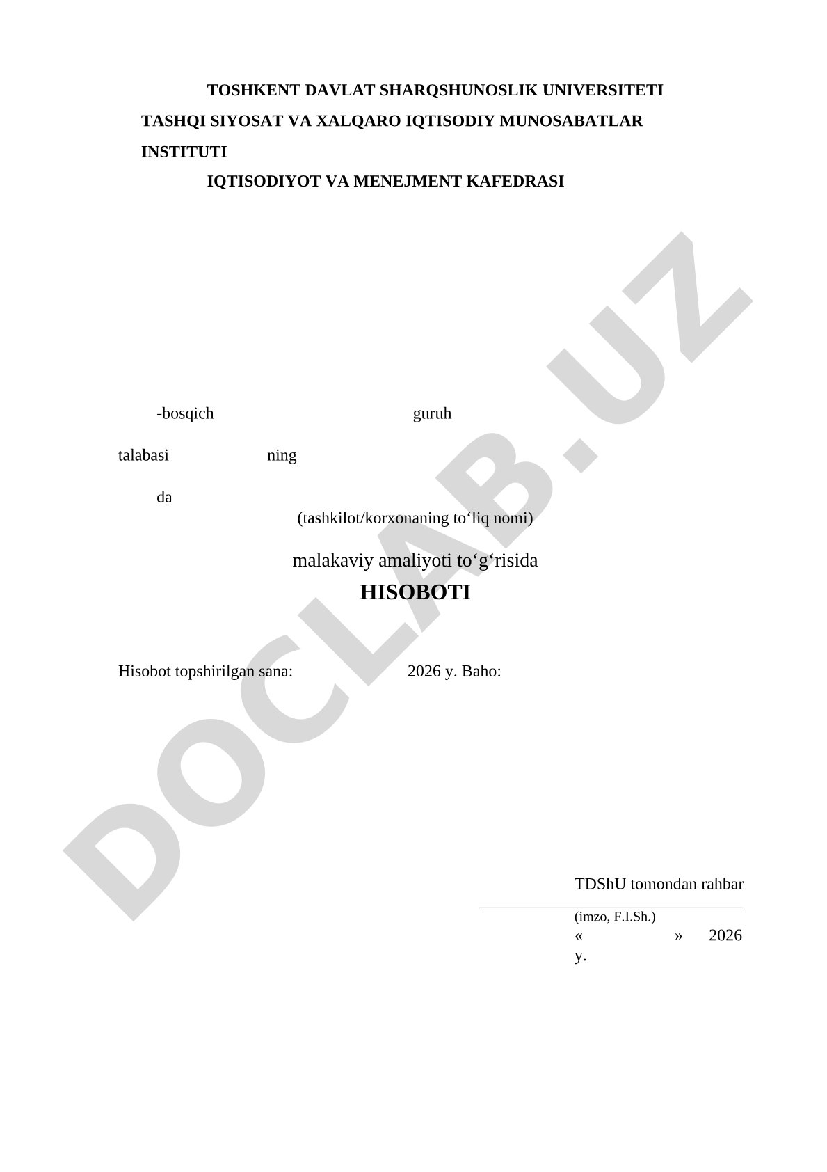 Tashqi Iqtisodiy Faoliyat Milliy Bankida malakaviy amaliyot hisoboti