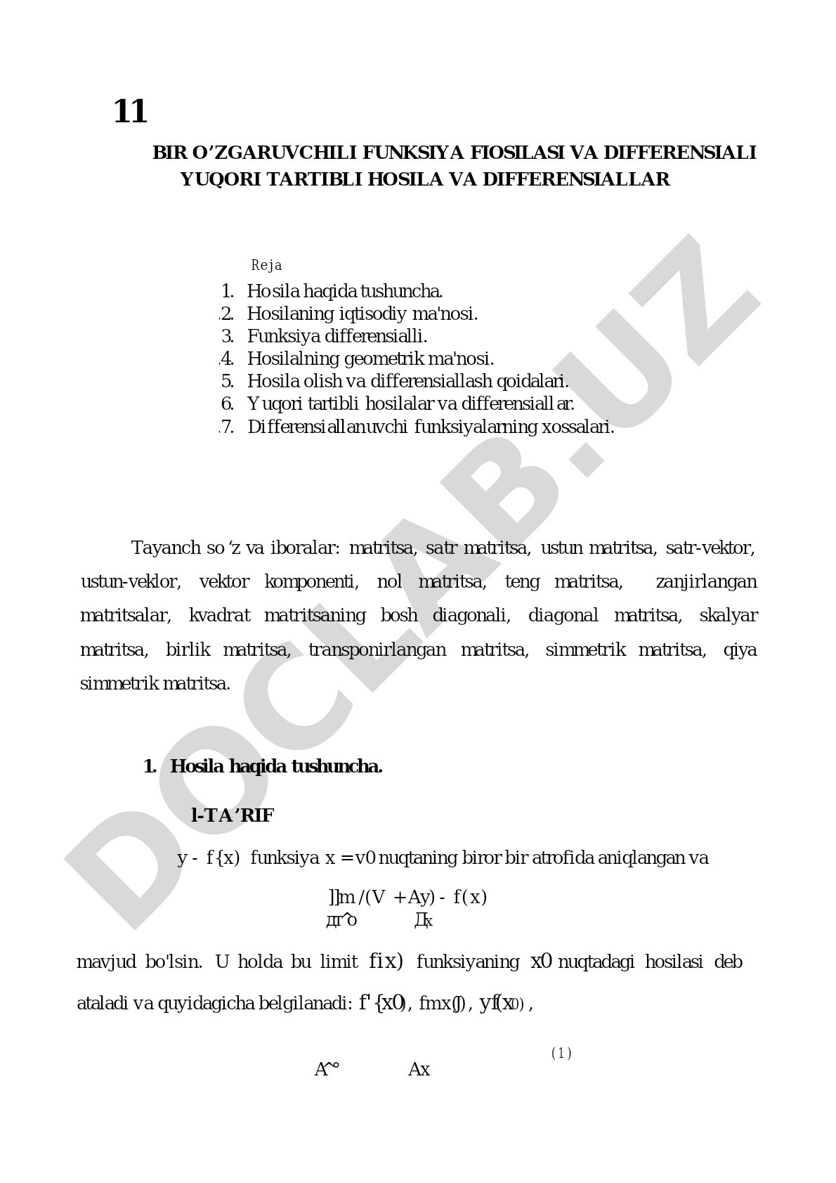 Bir o'zgaruvchili funksiya hosilasi va differensiali yuqori tartibli hosila va differensiallar