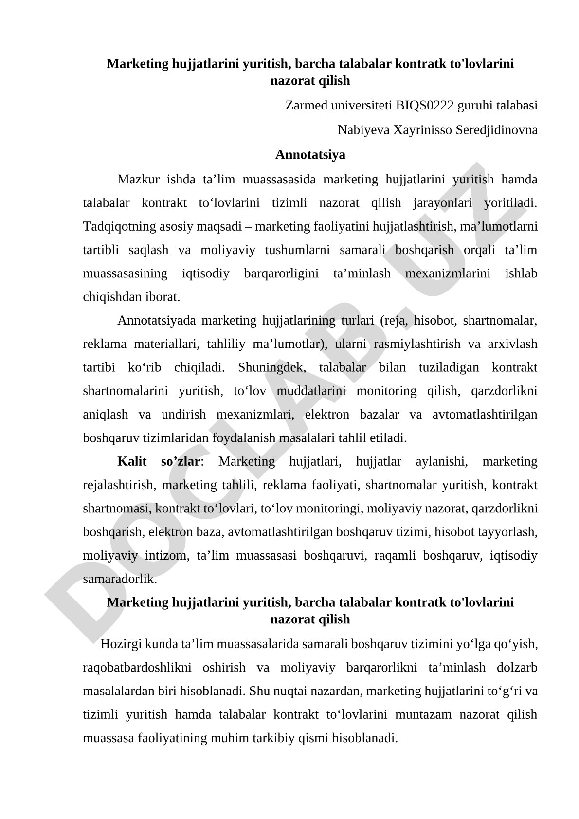 Marketing hujjatlarini yuritish, barcha talabalar kontratk to'lovlarini nazorat qilish