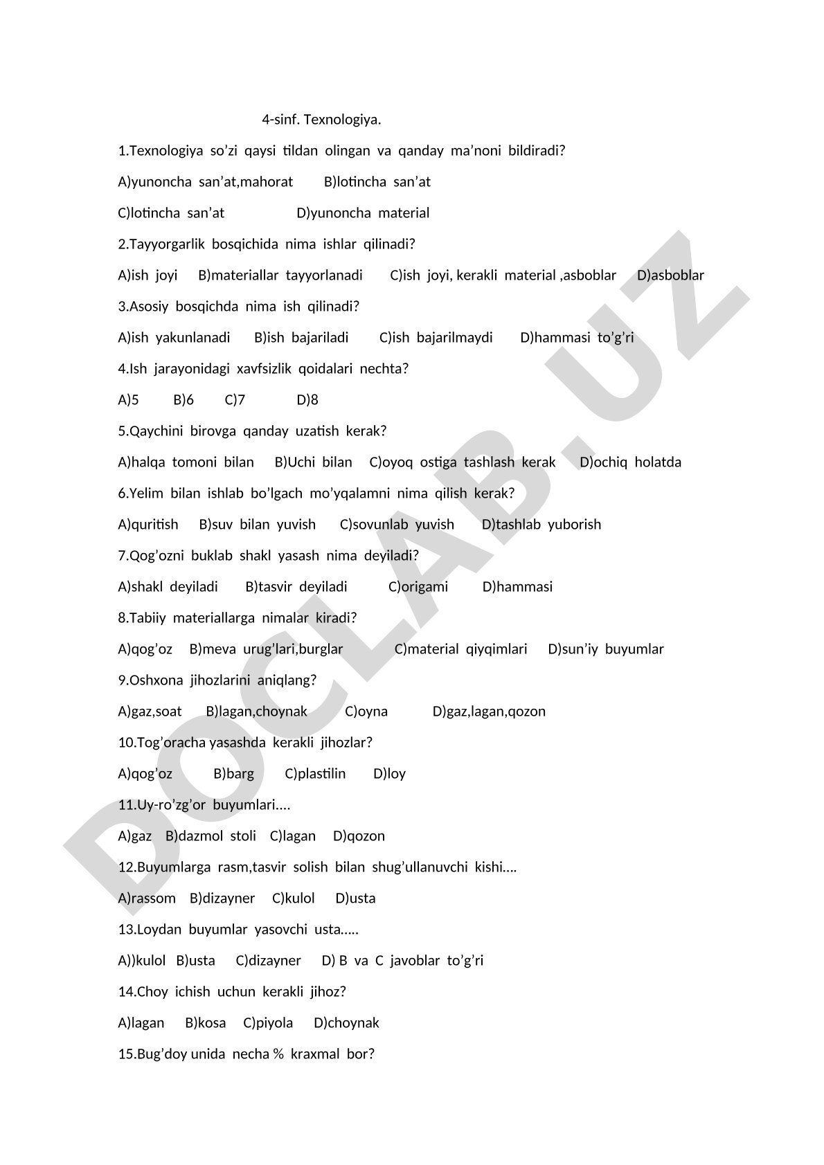 4-sinf Texnologiya test savollari