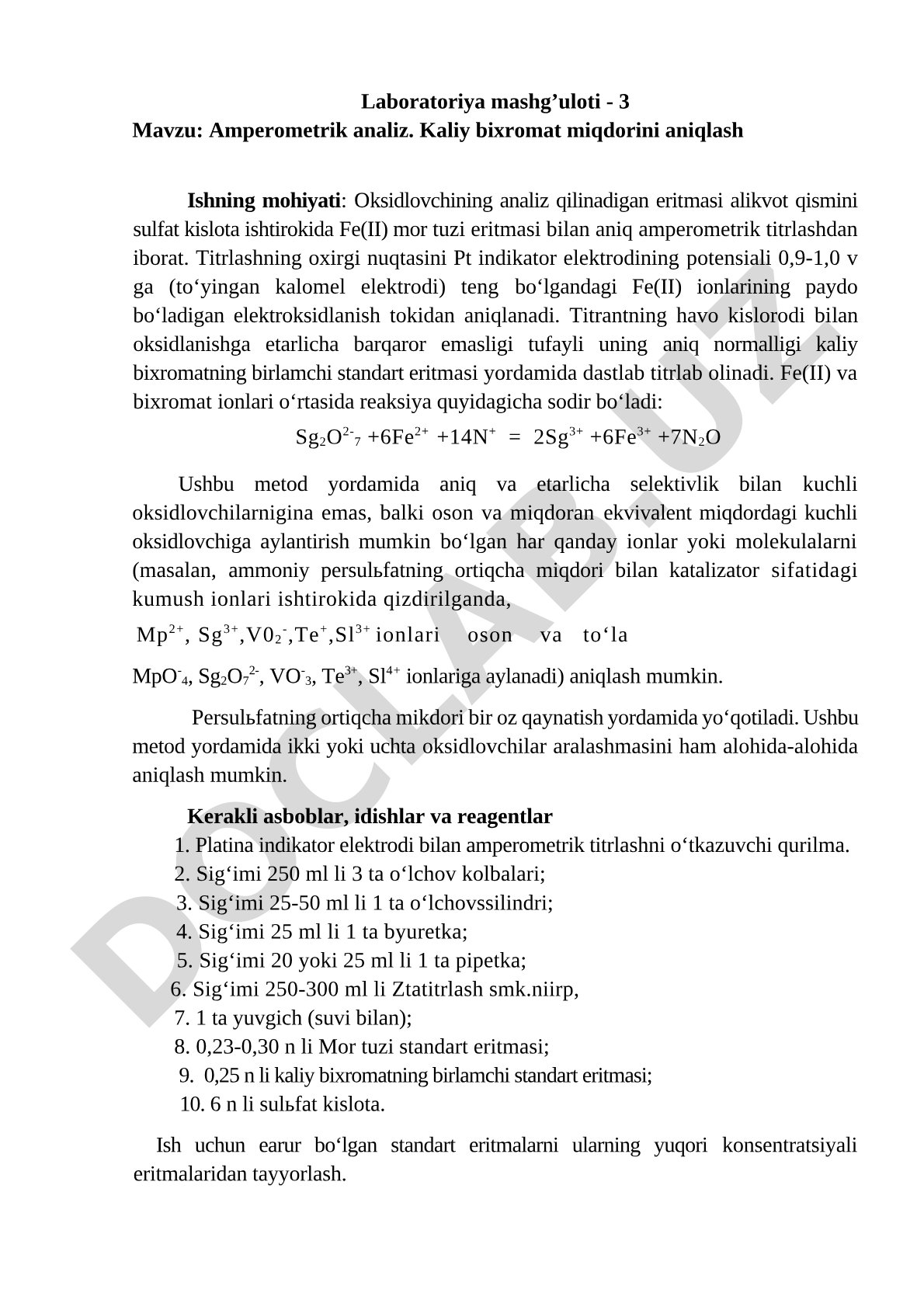 Amperometrik analiz. Kaliy bixromat miqdorini aniqlash