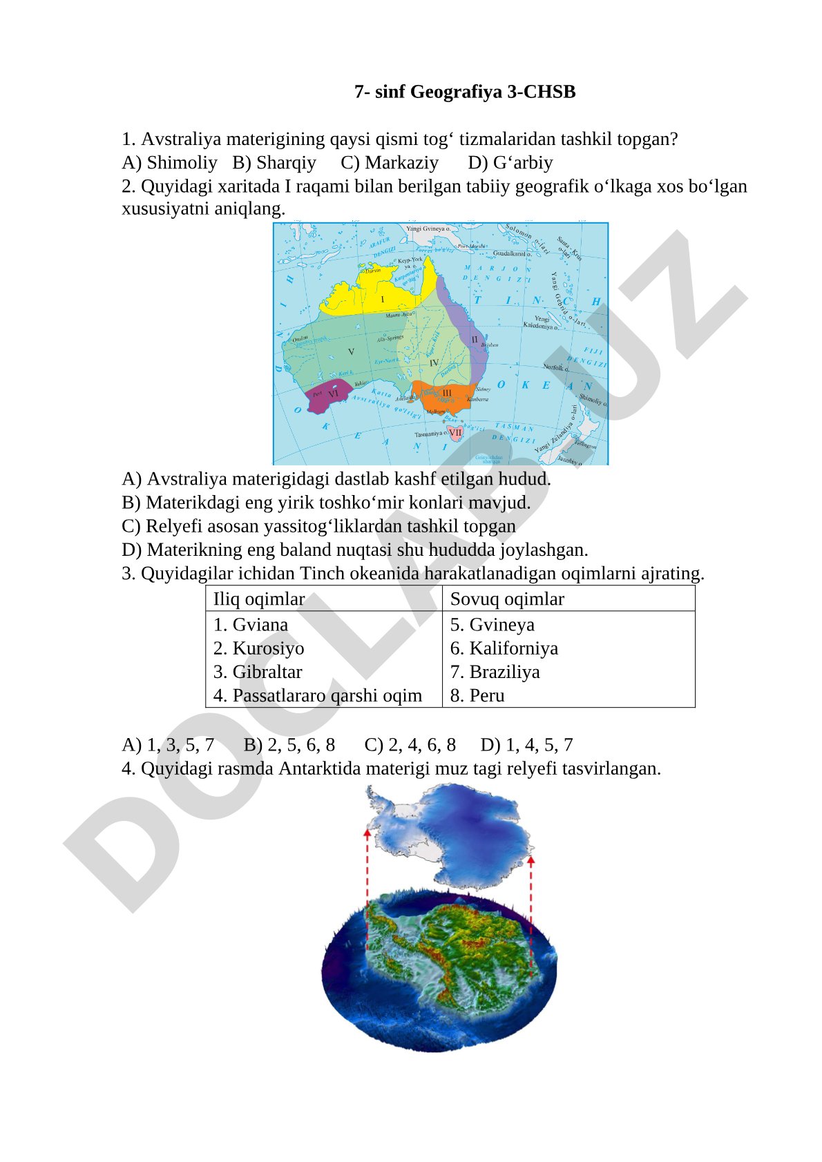 7-sinf Geografiya 3-CHSB test savollari