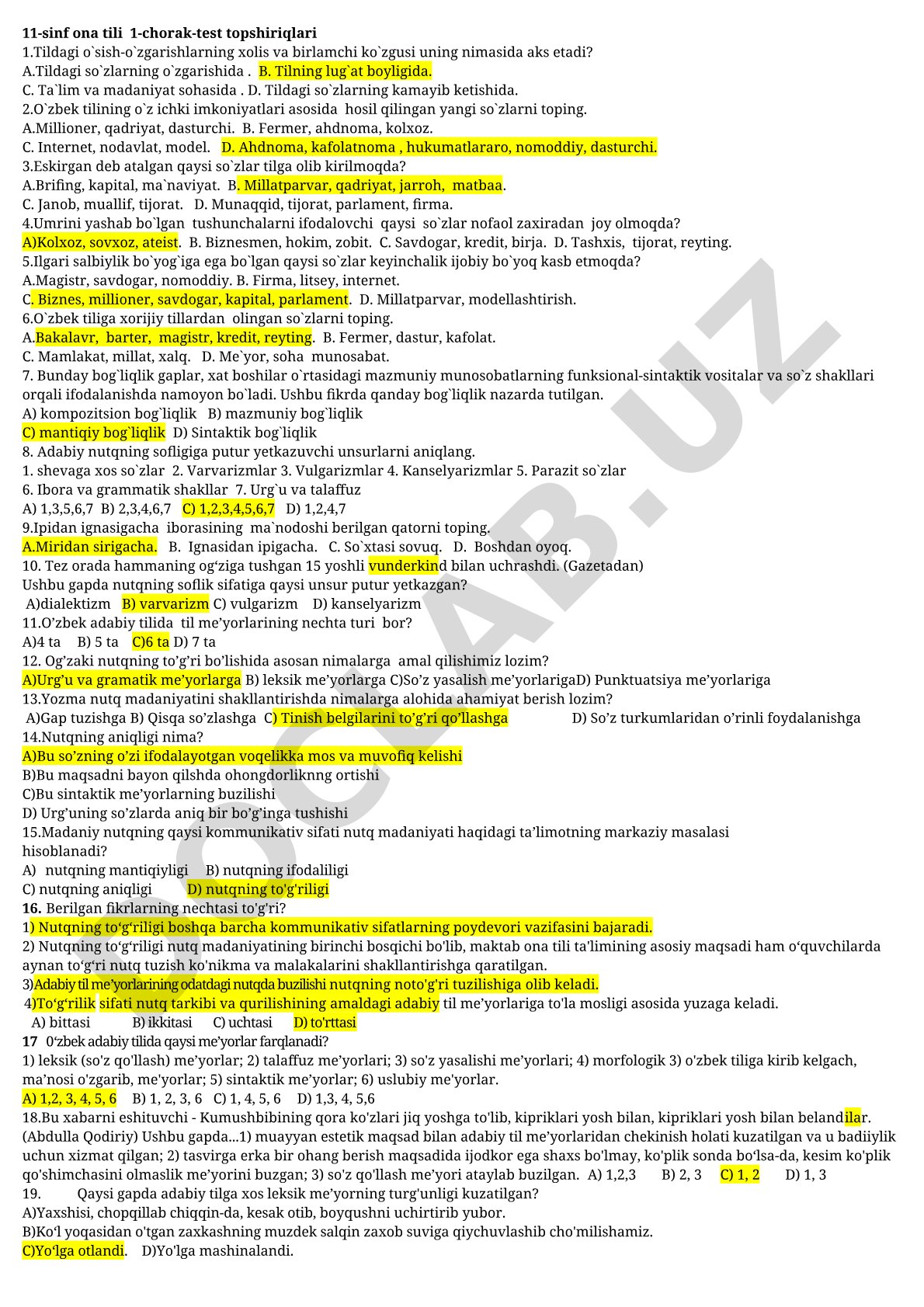 11-sinf ona tili 1-chorak test topshiriqlari