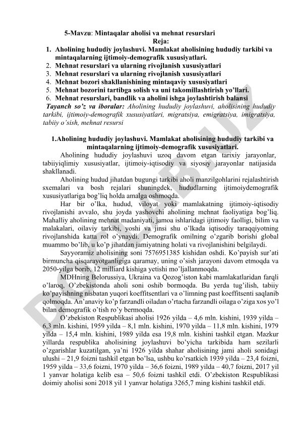 Mintaqalar aholisi va mehnat resurslari