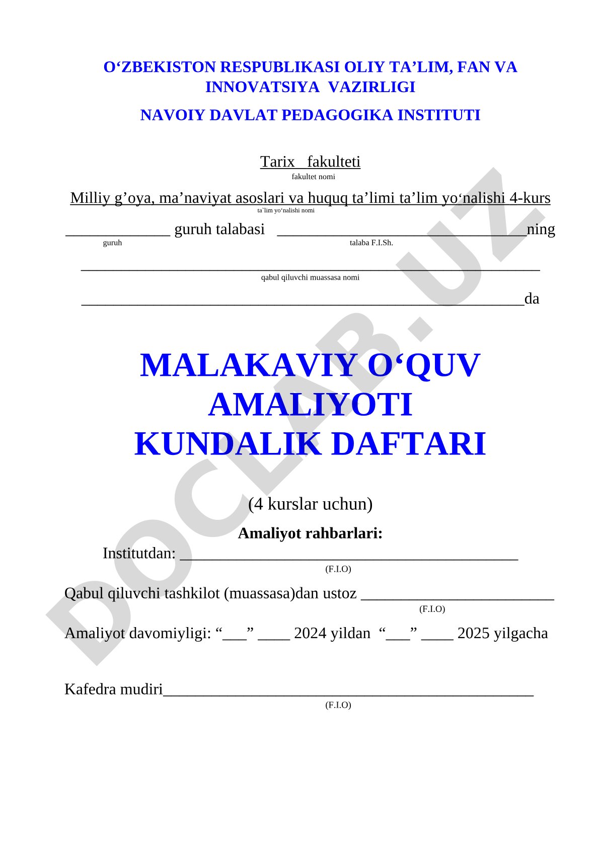 Malakaviy o'quv amaliyoti kundalik daftari