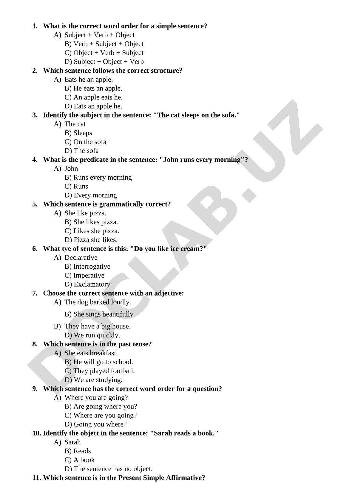 English Grammar Sentence Structure Questions
