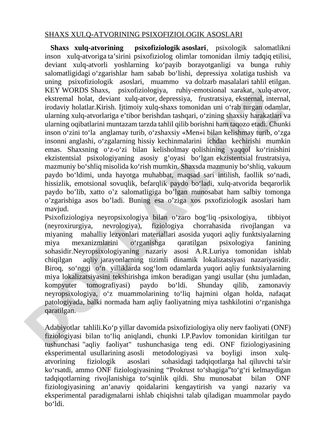 SHAXS XULQ-ATVORINING PSIXOFIZIOLOGIK ASOSLARI
