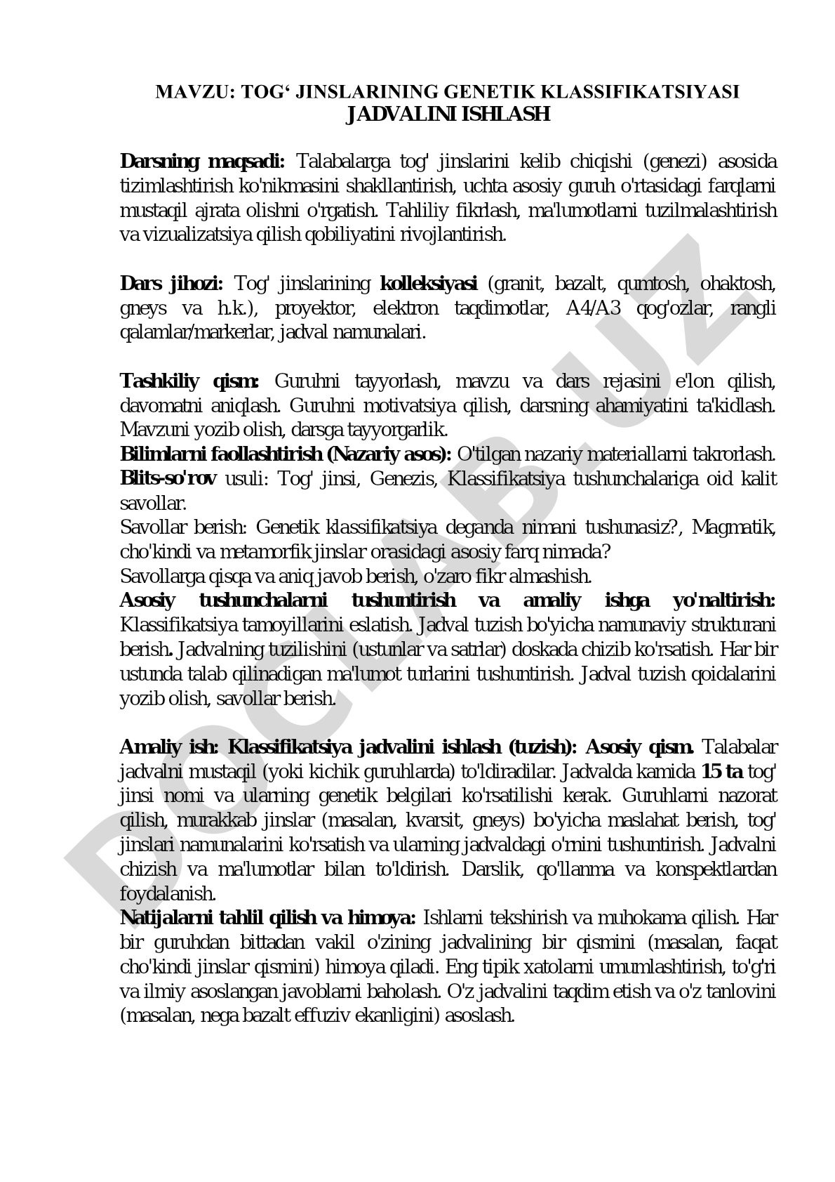 Tog' jinslarining genetik klassifikatsiyasi jadvalini ishlash