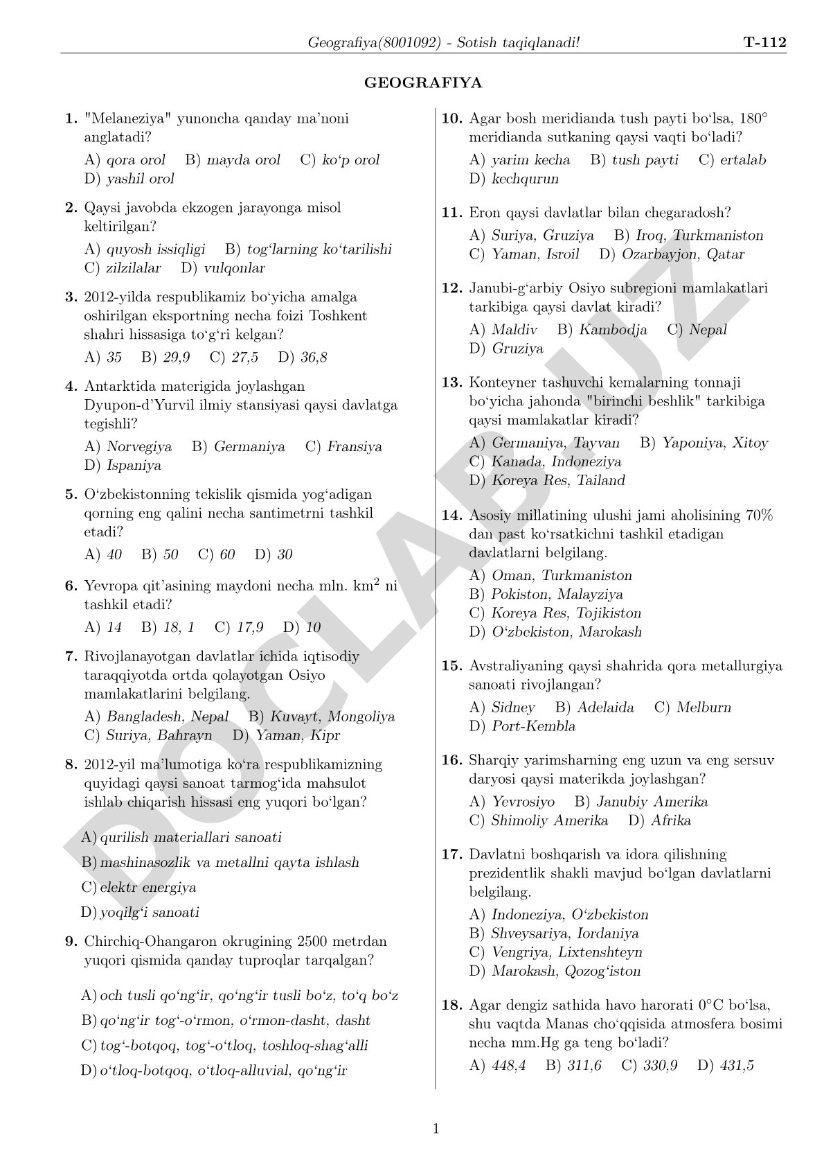 Geografiya fanidan test savollari
