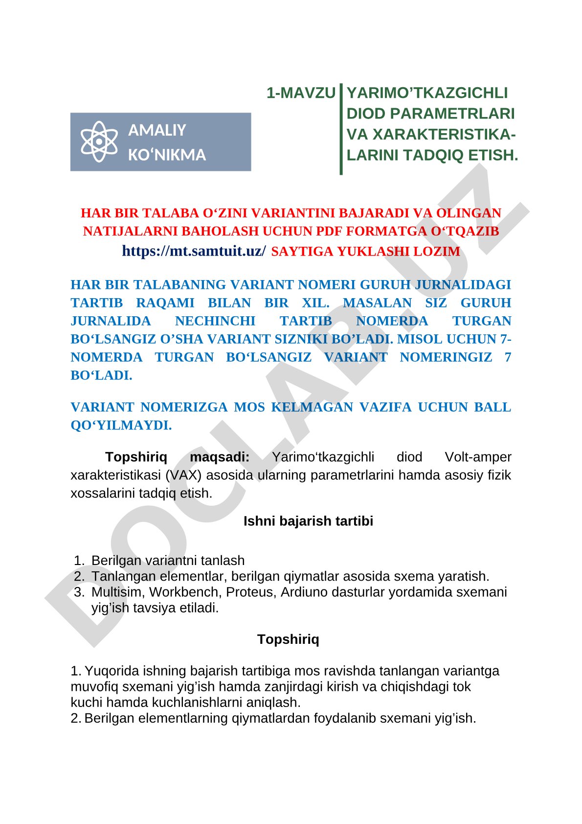 Yarimo‘tkazgichli diod parametrlari va xarakteristikalarini tadqiq etish